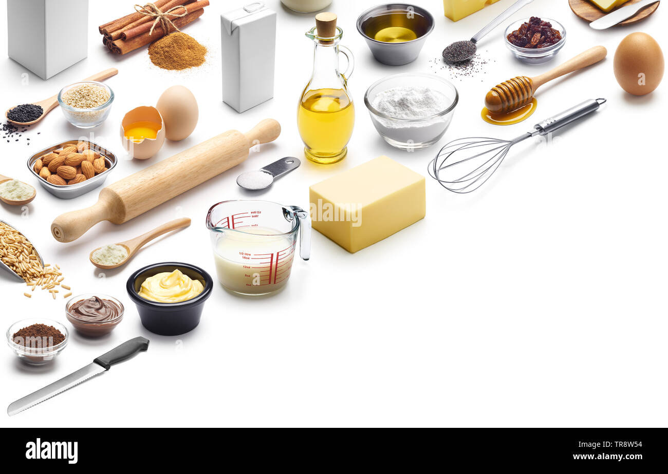 Isometric presentation of baking ingredients over white background Stock Photo