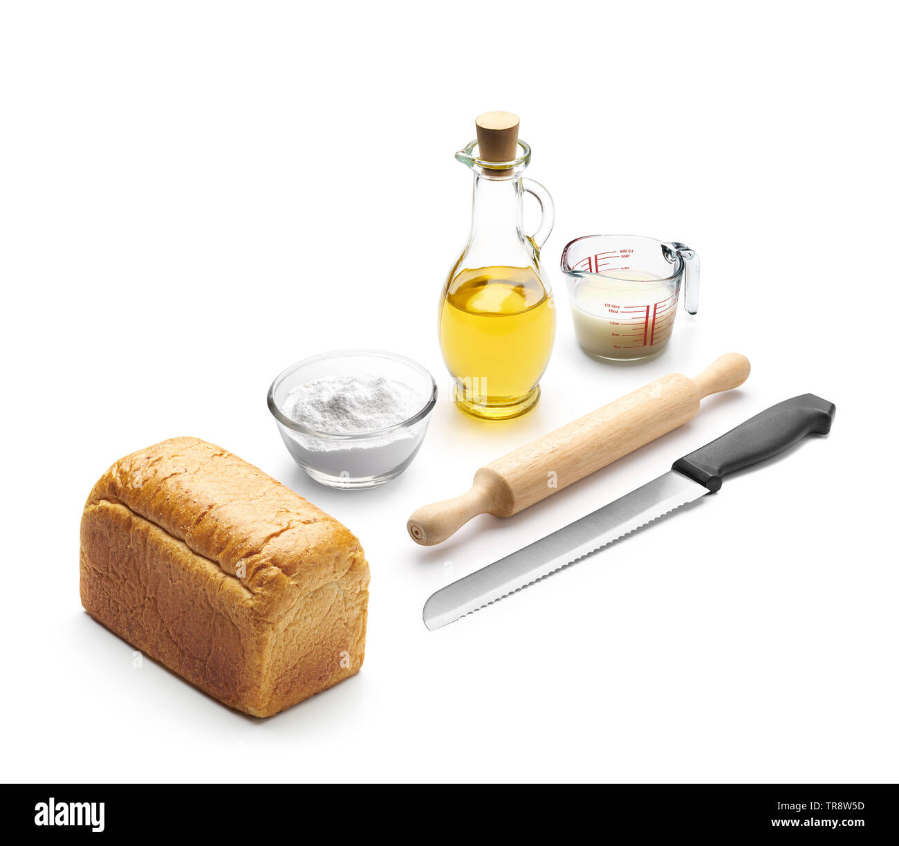 Isometric presentation of bread baking ingredients over white