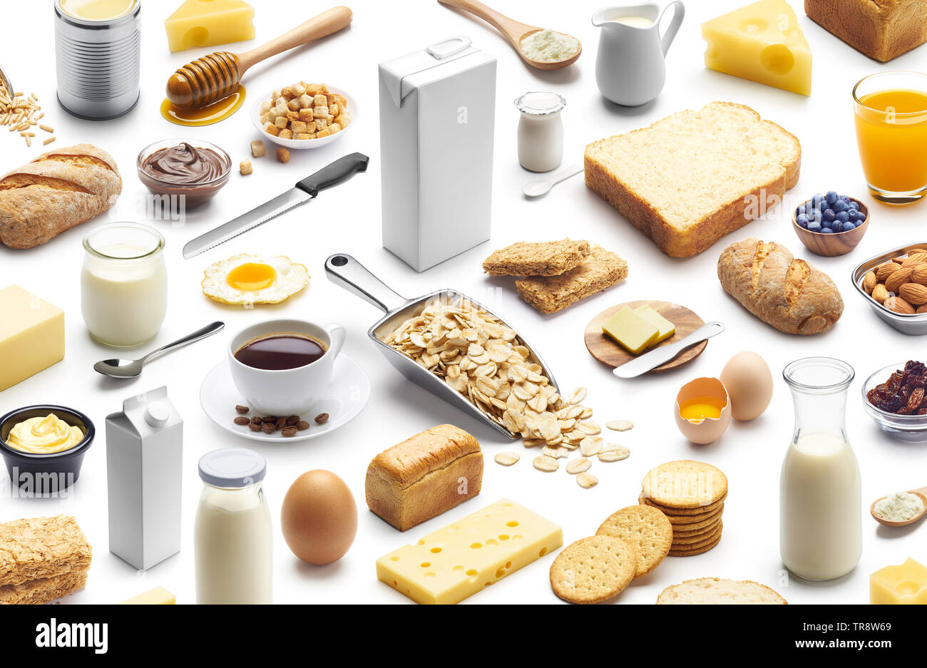 Isometric presentation of healthy breakfast over white background Stock Photo
