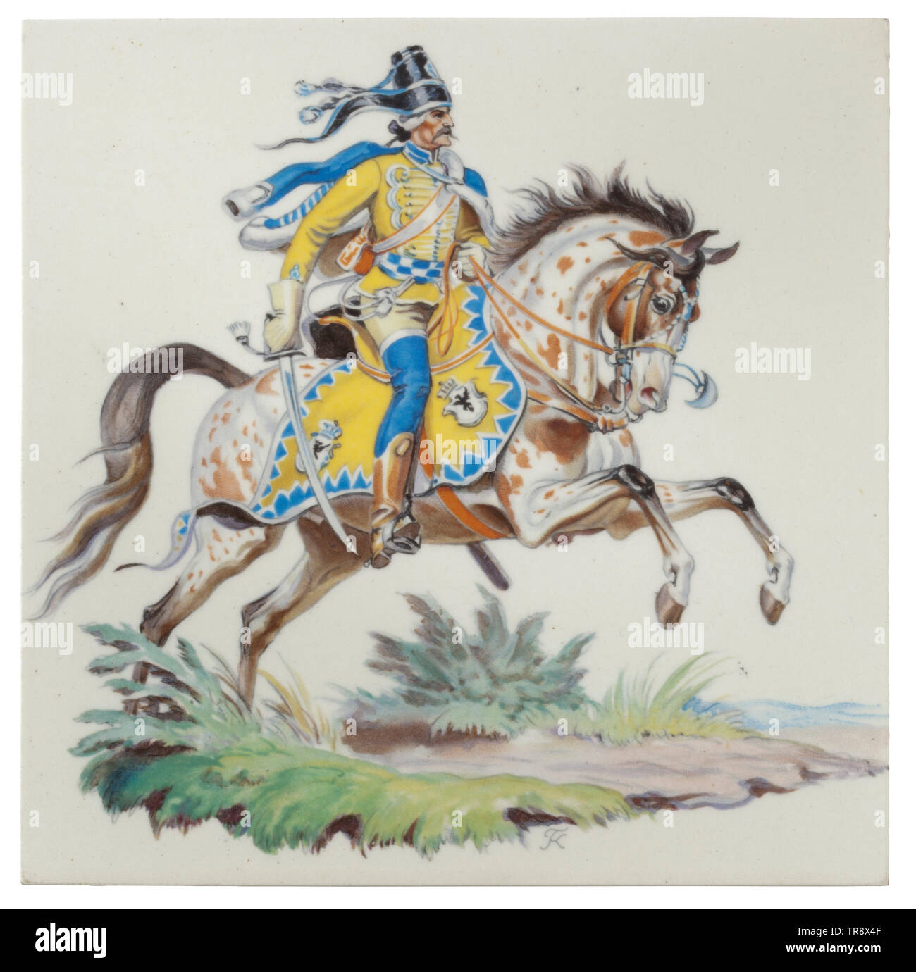 A Tile - Malachowski-Hussar A white porcelain tile with a colour picture of a Malachowski-Husar after the model '121' Allach porcelain figure, designed by Prof. Theodor Kärner, with his monogram 'TK'. 'Meissen / Made in Germany / 154.3' on the bottom. Dimensions circa 15 x 15 cm. Very rare. Cf. Porell, Allach Porcelain, vol. 2, p. 274 with an illustration of five tiles matching mounted figures. In 1942, five unique tiles were made at Hitler's commission as Christmas presents for SS-Obergruppenführer Bouhler. In 1944, Himmler ordered a small series of 50 pieces, which were e, Editorial-Use-Only Stock Photo
