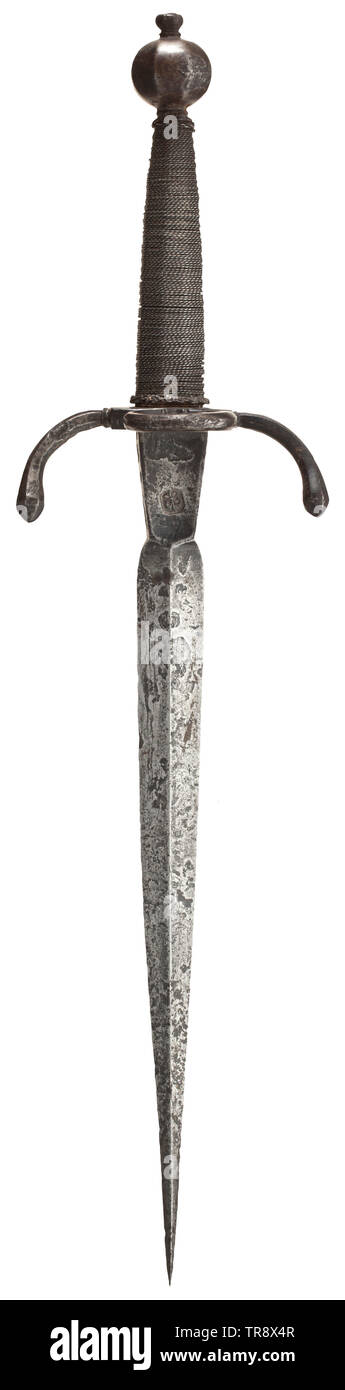 A French left-hand dagger, circa 1600 Ridged blade with constricted ricasso struck on both sides with a fleur-de-lys mark. Faceted, curved quillons with thumb ring. The grip wrapping of corded iron wire, Turk's heads and faceted ball pommel. Blade and quillons with signs of corrosion. Length 36.5 cm. historic, historical, dagger, daggers, thrusting, thrustings, baton, weapon, arms, weapons, arms, fighting device, object, objects, stills, clipping, cut out, cut-out, cut-outs, 17th century, Additional-Rights-Clearance-Info-Not-Available Stock Photo