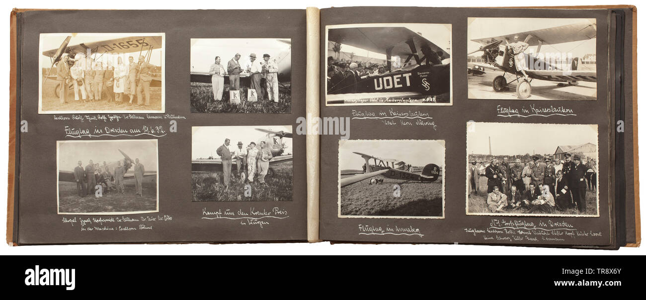 A commemorative photo album of an aviator, circa 1930 Beginning with aerial shots taken during a tour over Germany and employing various aircraft. Then the Rhineland liberation flight 1930, Dresden flight day 1932, Gerhard Fiesler as master of aerobatics in Leipzig. Flight Days held in Kaiserslautern, Annaberg, am Bärenstein, Cologne etc. NS Grand Flight Day in Dresden. Crash after a collision with a commercial aircraft on 16 September 1933 near Leipzig-Mockau airfield with subsequent hospitalisation. Other pictures showing crashed aircraft or landing strips that are too sh, Editorial-Use-Only Stock Photo
