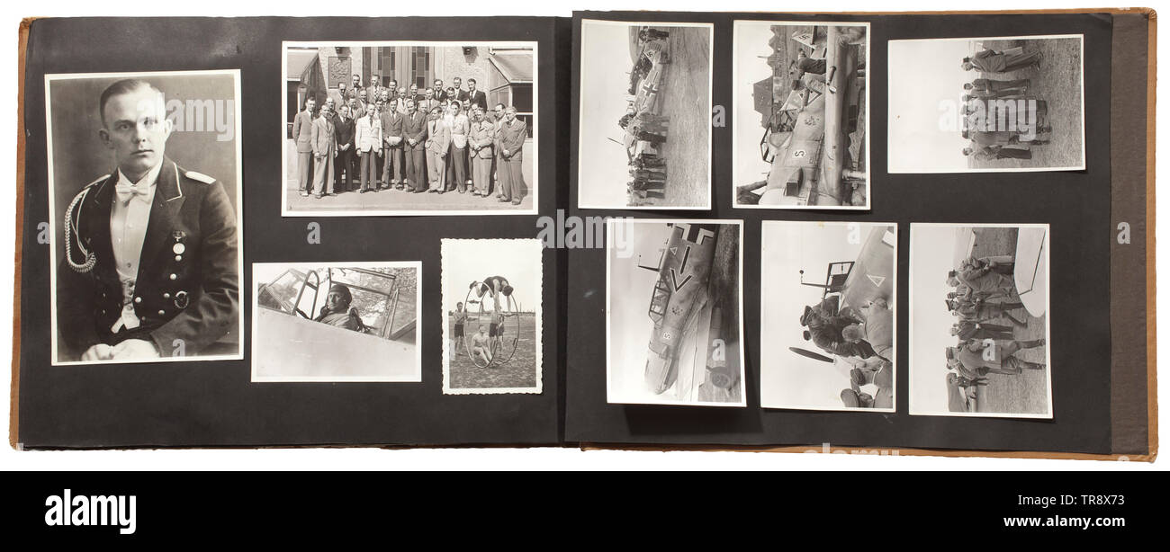 A commemorative photo album of an aviator, circa 1930 Beginning with aerial shots taken during a tour over Germany and employing various aircraft. Then the Rhineland liberation flight 1930, Dresden flight day 1932, Gerhard Fiesler as master of aerobatics in Leipzig. Flight Days held in Kaiserslautern, Annaberg, am Bärenstein, Cologne etc. NS Grand Flight Day in Dresden. Crash after a collision with a commercial aircraft on 16 September 1933 near Leipzig-Mockau airfield with subsequent hospitalisation. Other pictures showing crashed aircraft or landing strips that are too sh, Editorial-Use-Only Stock Photo