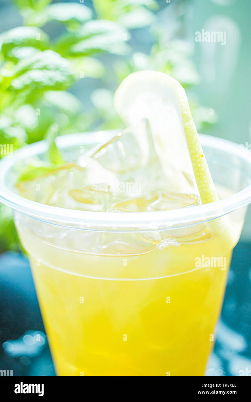 Black tea lemonade, lots of ice and a slice of lemon.In the background are green mint leaves in the sun.The drink  sweet and sour Stock Photo