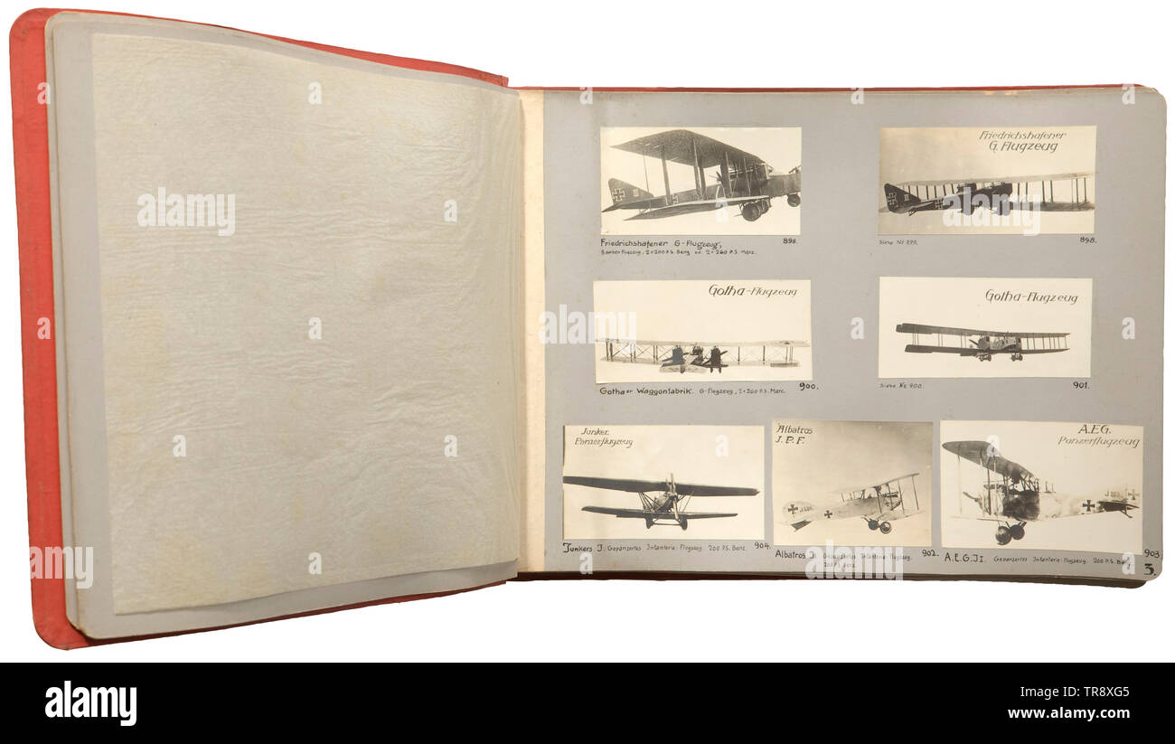 An inscribed photograph album with excellent photographs for identifying aircraft 84 outstanding pictures (size mainly 10 x 6 cm to 13 x 9 cm) on 19 pages, covered with protective sheets of tissue paper. The album cover hand coloured, showing a biplane with identification, inscribed (tr.) 'German and enemy aircraft' and the squadron insignia (propeller with the letter 'E' and the number '6'). In the album, various types of monoplanes, biplanes and triplanes of the countries at war. Germany, England and France. The photographs show customised paintwork, identifications, tech, Editorial-Use-Only Stock Photo