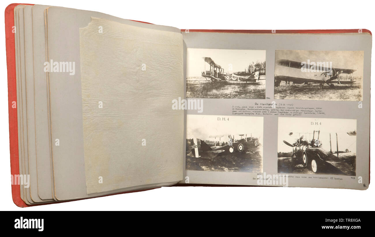 An inscribed photograph album with excellent photographs for identifying aircraft 84 outstanding pictures (size mainly 10 x 6 cm to 13 x 9 cm) on 19 pages, covered with protective sheets of tissue paper. The album cover hand coloured, showing a biplane with identification, inscribed (tr.) 'German and enemy aircraft' and the squadron insignia (propeller with the letter 'E' and the number '6'). In the album, various types of monoplanes, biplanes and triplanes of the countries at war. Germany, England and France. The photographs show customised paintwork, identifications, tech, Editorial-Use-Only Stock Photo