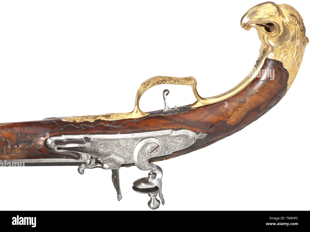 A pair of magnificent flintlock pistols, Karlovy Vary, circa 1760 Round barrels with flattened midrib, smooth bores in 13 mm calibre. Flintlocks with finely engraved depiction of a sitting huntress with dogs, beside her fleeing red deer. Slightly carved full stocks made from walnut with noses made from dark horn. Furnitures made from fire-gilt brass in lavish relief. The side plates with multi-figured hunting scenes, the pommels shaped like sculptural bird's heads. Original, wooden ramrods with horn tips. Length 39 cm each. High-grade pair of pis, Additional-Rights-Clearance-Info-Not-Available Stock Photo