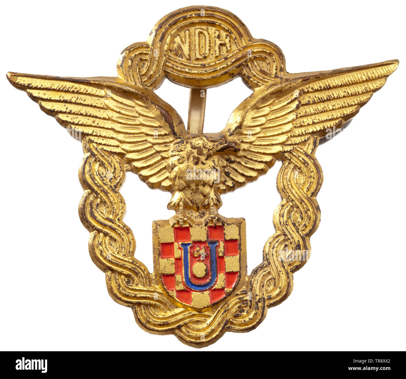 A Golden Badge of Honour for Aircraft Pilots Non-ferrous metal, gilt and lacquered. Reverse maker's identification 'Braca Knaus Zagreb'. Rare, unquestionably original. historic, historical, medal, decoration, medals, decorations, badge of honour, badge of honor, badges of honour, badges of honor, 20th century, Additional-Rights-Clearance-Info-Not-Available Stock Photo