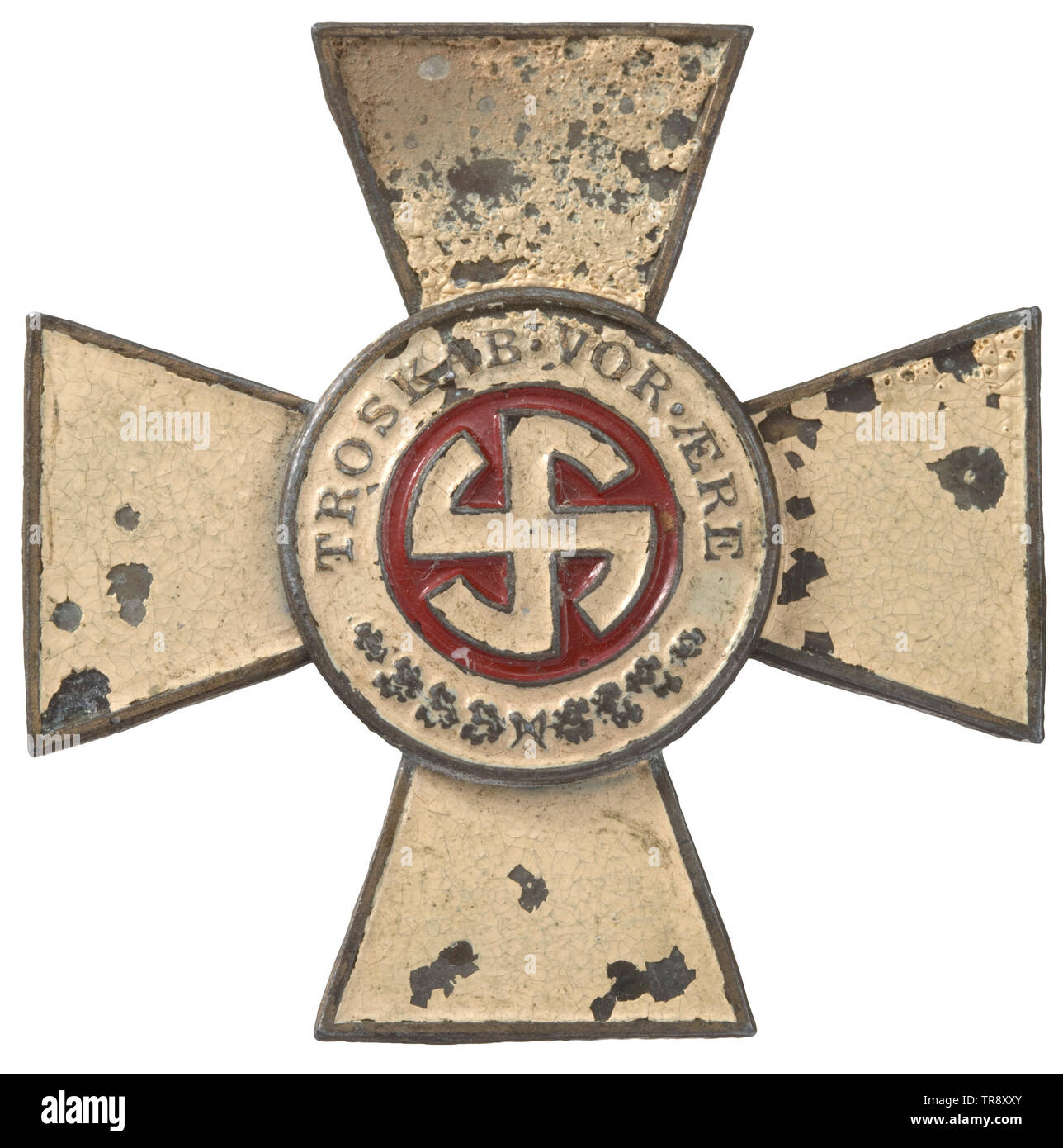 A Schalburg Cross for enlisted men/NCOs Fine zinc, coloured lacquer (flaws). Sun wheel with circumscription 'Troskab vor Ere', on the reverse a short attachment pin. Dimensions 5 x 5 cm. The cross was awarded to members of Freikorps 'Danmark' (later known as the 'Schalburg' Korps) following active service (as well as posthumously). historic, historical, 20th century, 1930s, 1940s, Waffen-SS, armed division of the SS, armed service, armed services, NS, National Socialism, Nazism, Third Reich, German Reich, Germany, military, militaria, utensil, piece of equipment, utensils, , Editorial-Use-Only Stock Photo