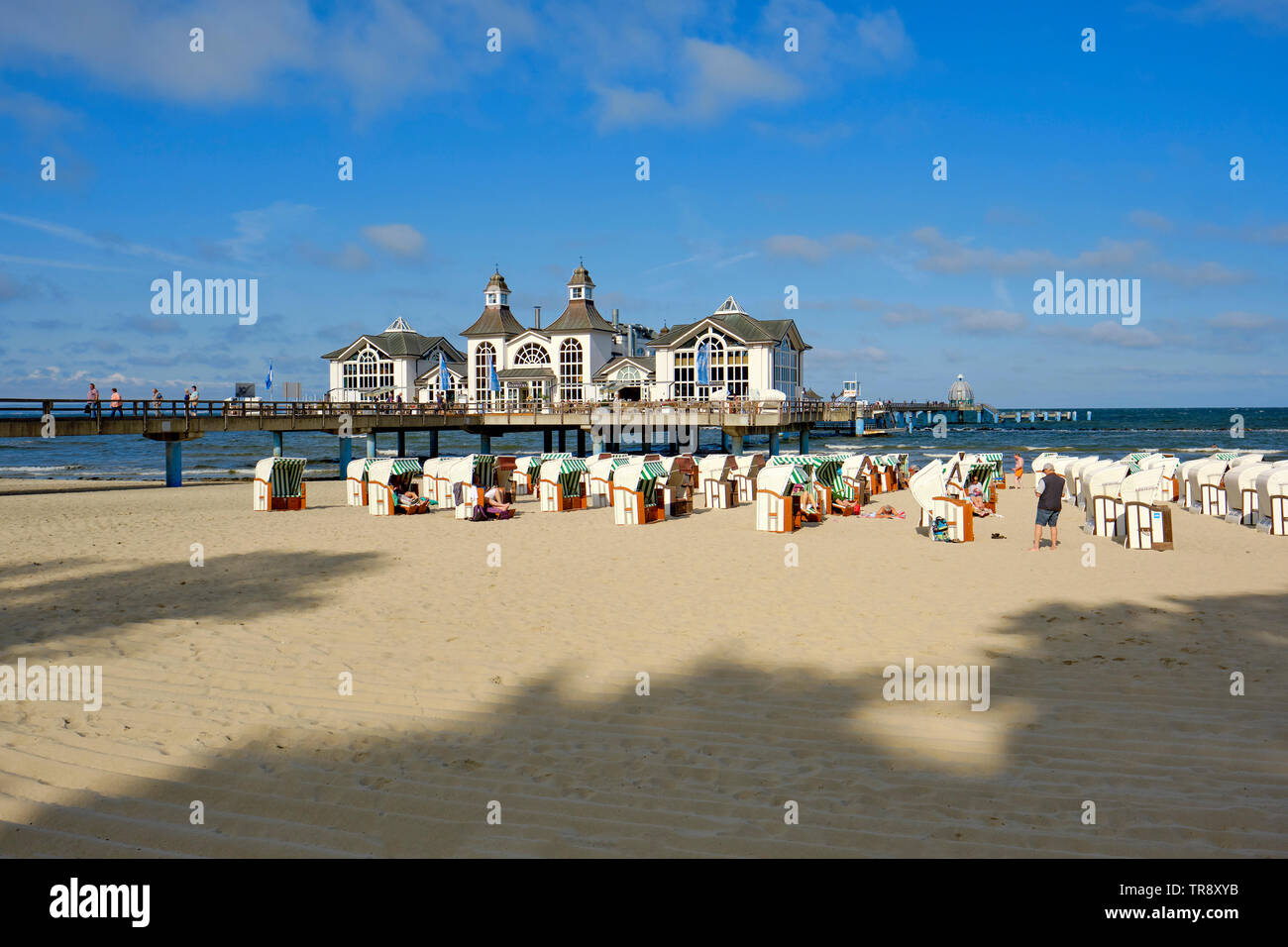 Sellin Baltic Sea resort town on the German island of Rügen, known for its beaches and Seebrücke (pier), with a 1920s-style pavilion. Stock Photo