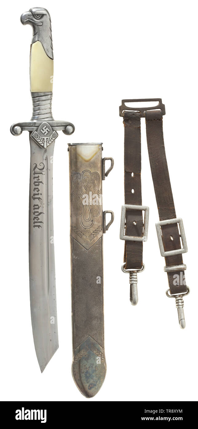 A hewer M 37 for RAD leaders with leather hanger Hewer blade with etched motto and maker's mark 'WKC Solingen'. The grip with silver-plating and screwed white plastic grip scales (replaced?). The iron scabbard retaining most of its silver-plating. Brown leather hanger with metal mounts. Length 39.5 cm. Beautiful condition. historic, historical, Reichsarbeitsdienst, Reich Labor Service, State Labour Service, organisation, organization, organizations, organisations, NS, National Socialism, Nazism, Third Reich, German Reich, Germany, National Socialist, Nazi, Nazi period, fasc, Editorial-Use-Only Stock Photo