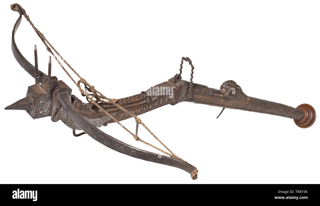A Large Italian Stonebow Mid 17th Century Slightly Curved Iron Prod Knotted Hemp Bowstring With Wooden Bridges And Bullet Pocket Characteristically Curved Walnut Tiller With Decoration Of Scales And Volutes With Mascarons The