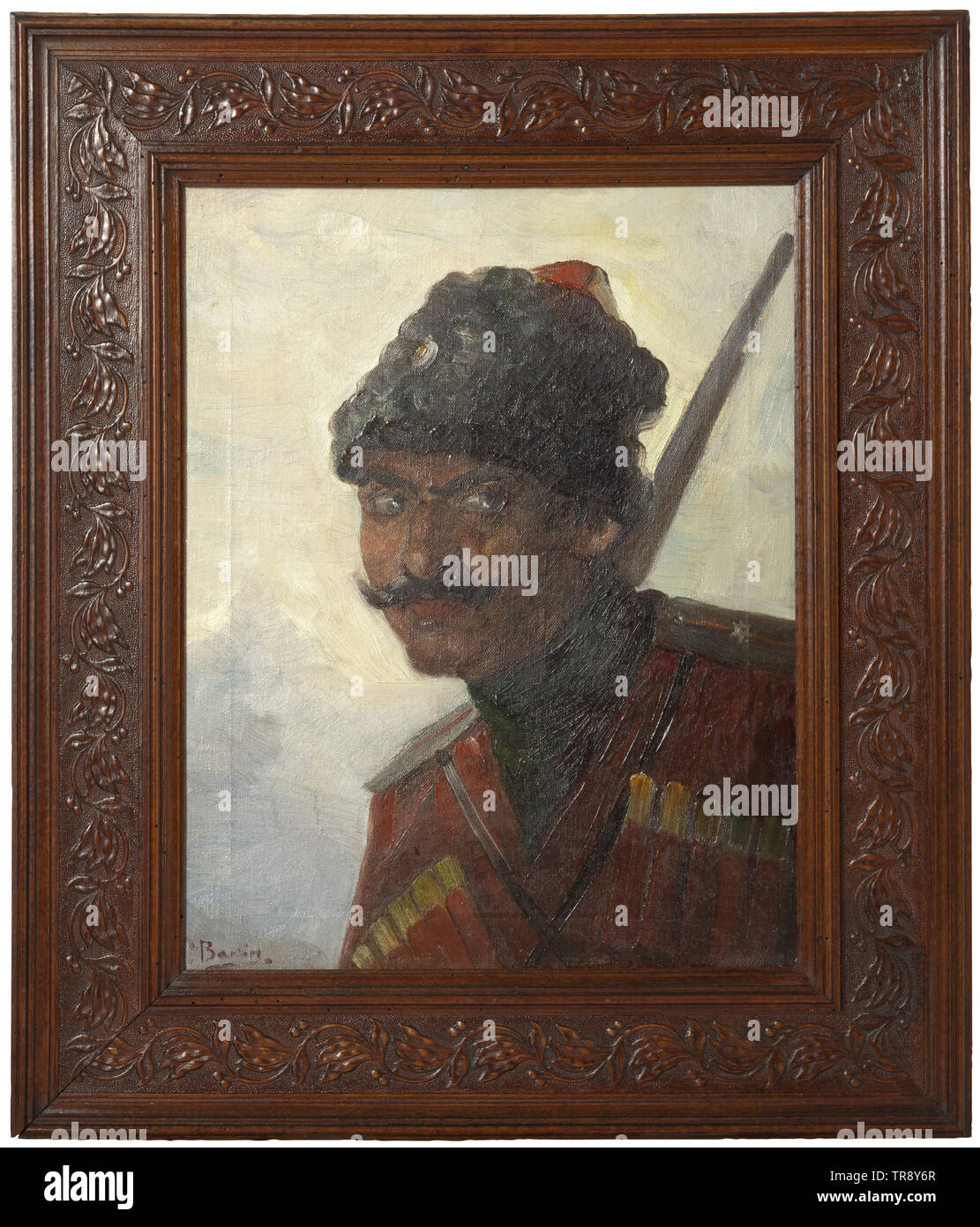 A portrait of a Cossack officer, Russia, circa 1910 Oil on canvas. Picture of a Cossack in uniform with epaulettes and gaziri, a rifle on his back, in the background a mountain landscape. Signed in Cyrillic on the lower left 'Vakin'. Dimensions 44 x 35 cm. In original, carved wooden frame. Dimensions of frame 59 x 50 cm. historic, historical, 20th century, Additional-Rights-Clearance-Info-Not-Available Stock Photo