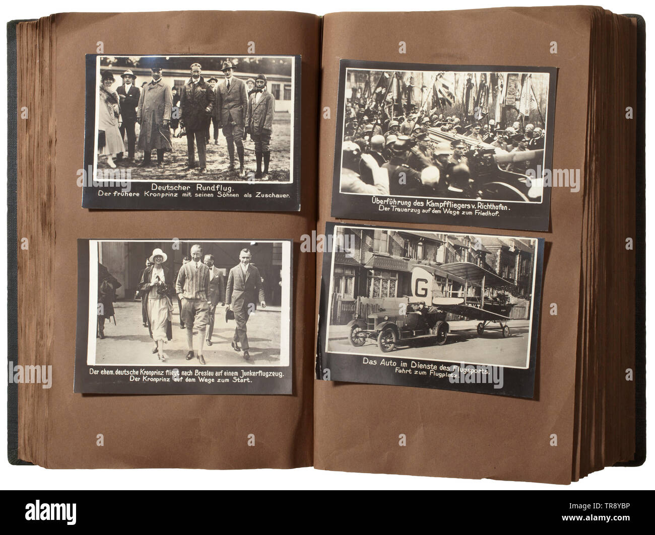 A large-size album with circa 370 press photos The pictures in the format of circa 11 x 16 cm, partially with photo corners or glued into the album. The pictures partially with scenes from the 'golden 1920s', predominantly from Germany. Pictures of sport events, car and motorcycle races, air shows, air ships, bicycle races, boxing fights, athletics, horse races, hockey, soccer, rowing, ships. Also many pictures on politics and current affairs. Election of the Reich president, state visits, technical achievements etc. All pictures with integrated , Additional-Rights-Clearance-Info-Not-Available Stock Photo
