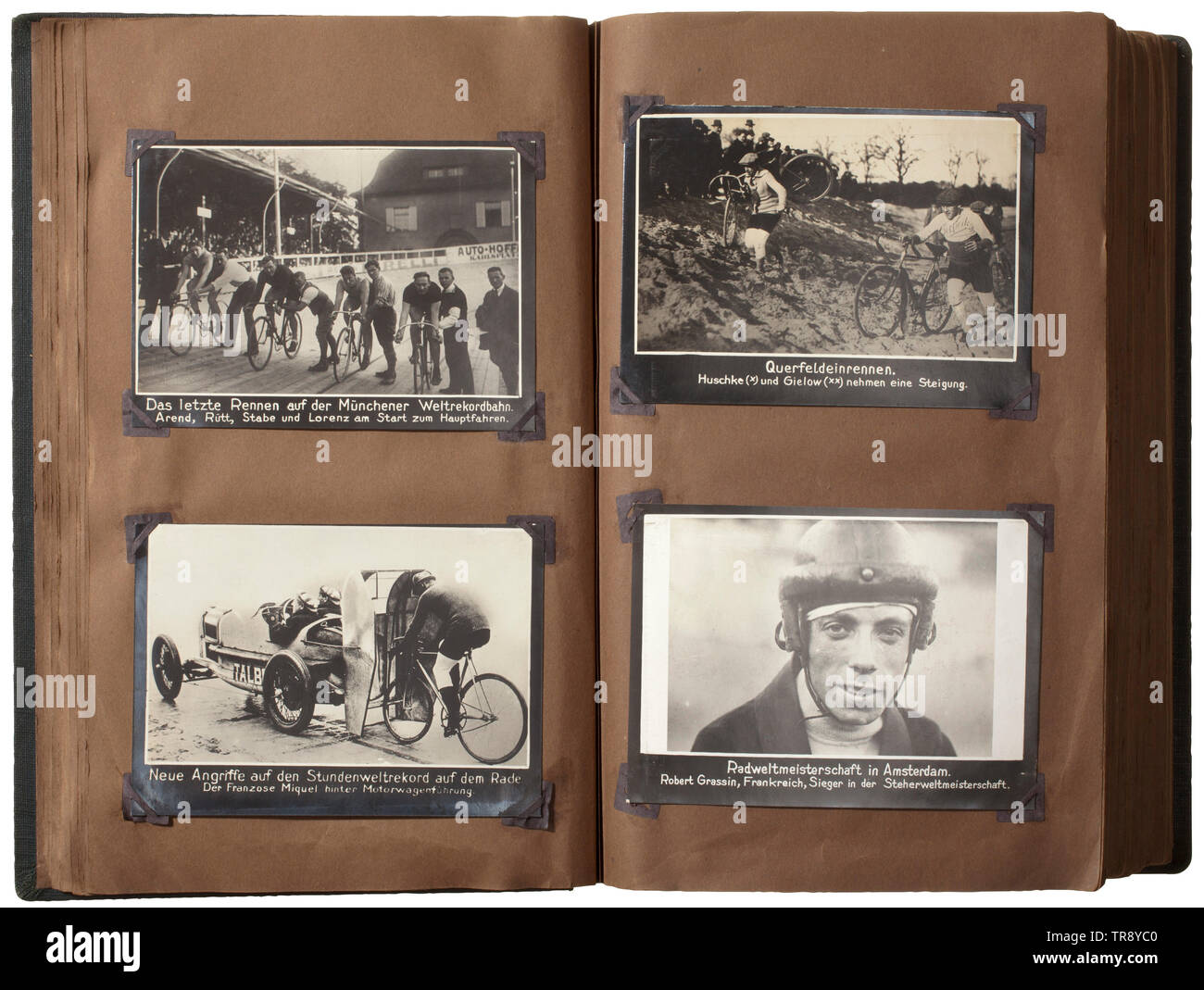 A large-size album with circa 370 press photos The pictures in the format of circa 11 x 16 cm, partially with photo corners or glued into the album. The pictures partially with scenes from the 'golden 1920s', predominantly from Germany. Pictures of sport events, car and motorcycle races, air shows, air ships, bicycle races, boxing fights, athletics, horse races, hockey, soccer, rowing, ships. Also many pictures on politics and current affairs. Election of the Reich president, state visits, technical achievements etc. All pictures with integrated , Additional-Rights-Clearance-Info-Not-Available Stock Photo