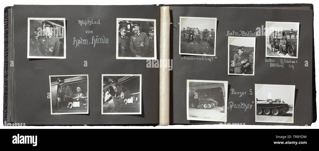 Eight photo albums of Major Grießmeyer and his son A comprehensive collection of albums with circa 1,000 photos taken by a member of the Luftgaubildstelle Nuremberg. Among them, training and work at the photo centre, many portraits with applied medals, the son serving at the Eastern front. Pictures of the terror attacks on Nuremberg and Regensburg with heavy damages. Two photos of the battle tank V. (Panther). Many pictures of typical scenes from a soldier's life taken by father and son, photos of the home front. Due to the extensiveness of the material, a pre-sale viewing , Editorial-Use-Only Stock Photo