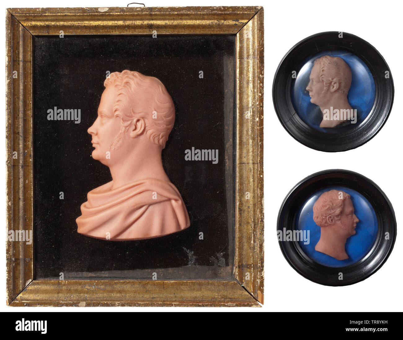 King Friedrich Wilhelm IV (1795 - 1861) - three wax bossings Profiles of the king turned to the right respectively to the left, made from pale pink wax, inscribed on the reverse side 'C. Hettler'. Each in a glassed profiled frame (round respectively rectangular). Dimensions with frame 17.5 x 20.5 cm respectively diameter 8.3 cm. historic, historical, Prussian, Prussia, German, Germany, militaria, military, object, objects, stills, clipping, clippings, cut out, cut-out, cut-outs, 19th century, Additional-Rights-Clearance-Info-Not-Available Stock Photo