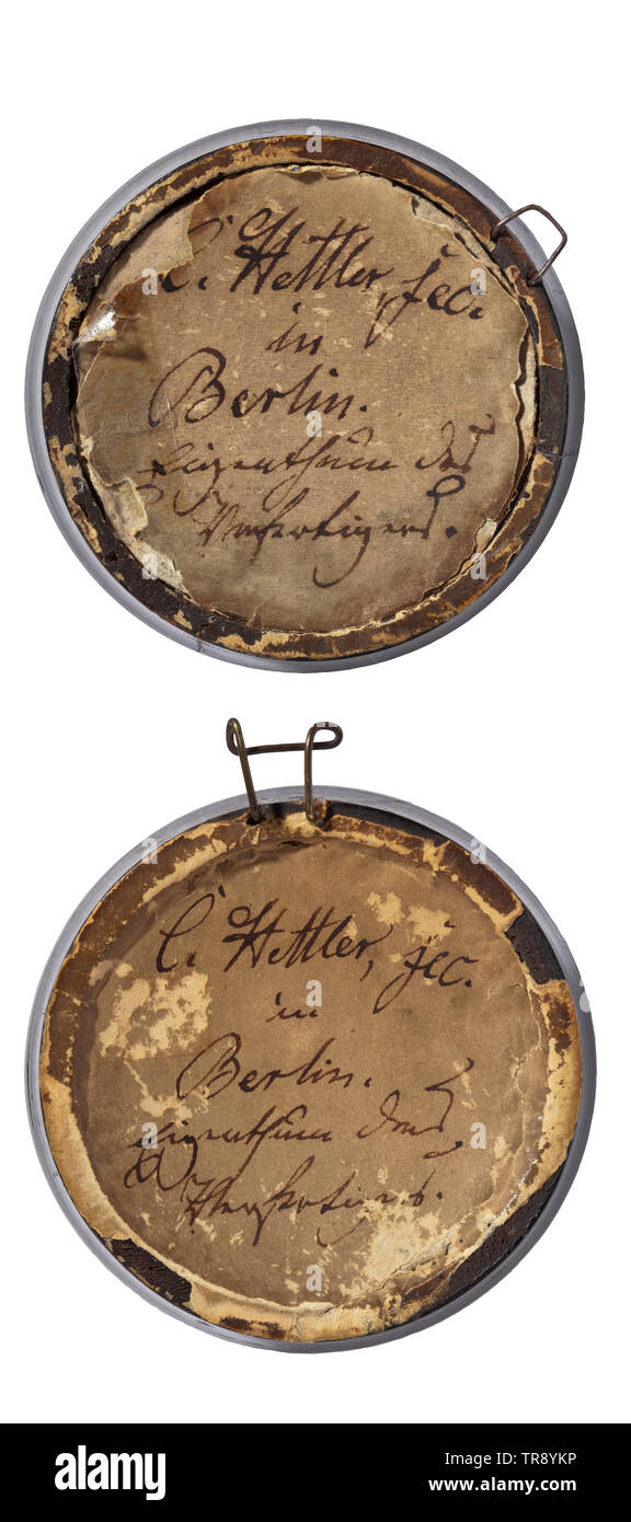 King Friedrich Wilhelm IV (1795 - 1861) - three wax bossings Profiles of the king turned to the right respectively to the left, made from pale pink wax, inscribed on the reverse side 'C. Hettler'. Each in a glassed profiled frame (round respectively rectangular). Dimensions with frame 17.5 x 20.5 cm respectively diameter 8.3 cm. historic, historical, Prussian, Prussia, German, Germany, militaria, military, object, objects, stills, clipping, clippings, cut out, cut-out, cut-outs, 19th century, Additional-Rights-Clearance-Info-Not-Available Stock Photo