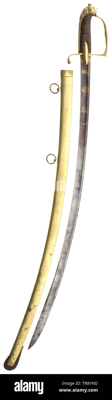 A sabre for cavalry officers Fullered, single-edged blade with double-edged point. The forte etched, blued and gilt. Gilt brass stirrup hilt with lion head pommel, leather grip with copper wire wrap. Engraved brass scabbard with two suspension rings. Length 98.5 cm. historic, historical, France, Imperial, French Empire, object, objects, stills, clipping, cut out, cut-out, cut-outs, 19th century, Additional-Rights-Clearance-Info-Not-Available Stock Photo