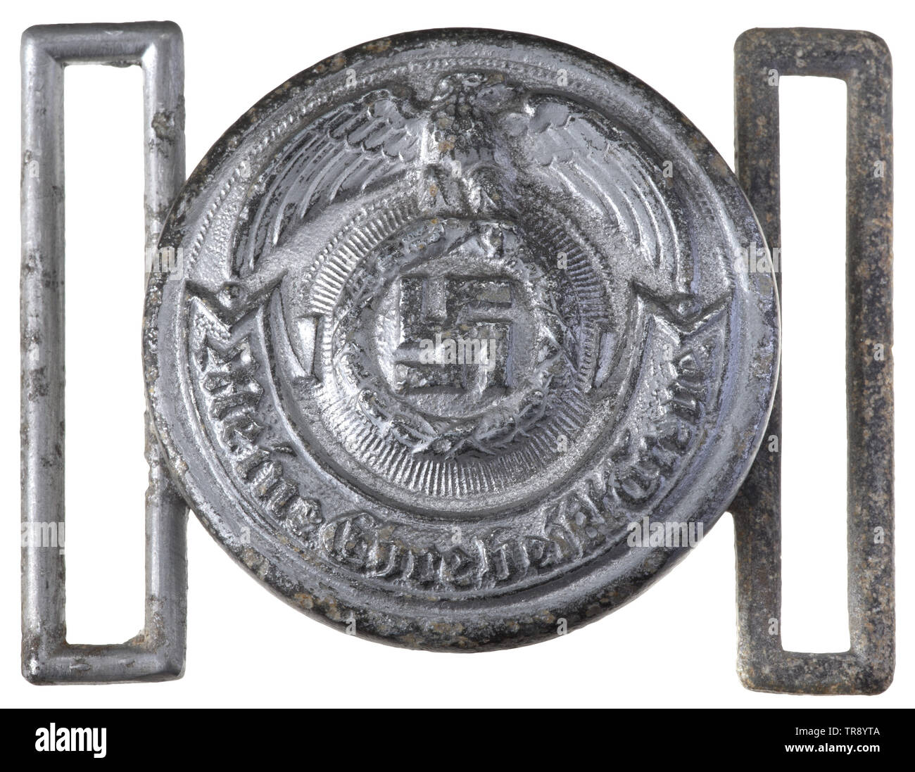 Nazi Germany, Waffen-SS, belt buckle, nickel plated tin, 1940s, frontseide, Editorial-Use-Only Stock Photo