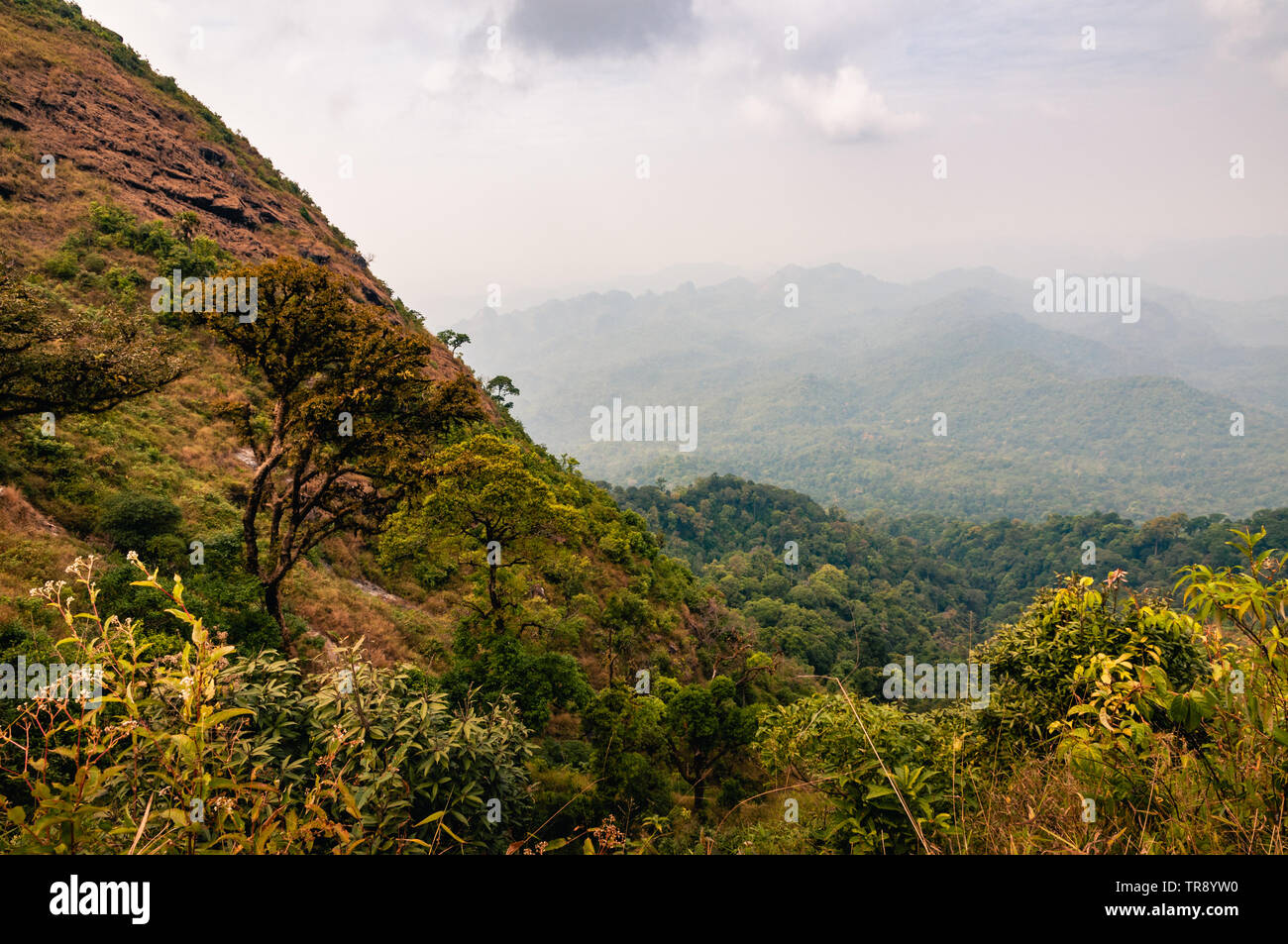 Foggy mountain landscape in autumn in Khao Laem National Park in Kanchanaburi province of Thailand. Stock Photo