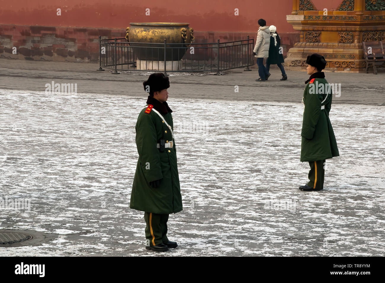 Beijing China, guards standing to attention in courtyard at the Forbidden City Stock Photo