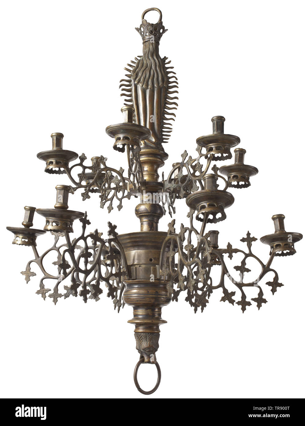 A Flemish twelve-branch Virgin Mary chandelier Heavy bronze chandelier with two rows of candle holders surmounted by the standing, crowned Virgin Mary as Queen of Heaven, holding the sceptre in her right hand and surrounded by a crown of flames, the lower end terminating in a lion's head. Demountable version, the candle holders separately removable. Height 78 cm. historic, historical, handicrafts, handcraft, craft, object, objects, stills, clipping, clippings, cut out, cut-out, cut-outs, Additional-Rights-Clearance-Info-Not-Available Stock Photo