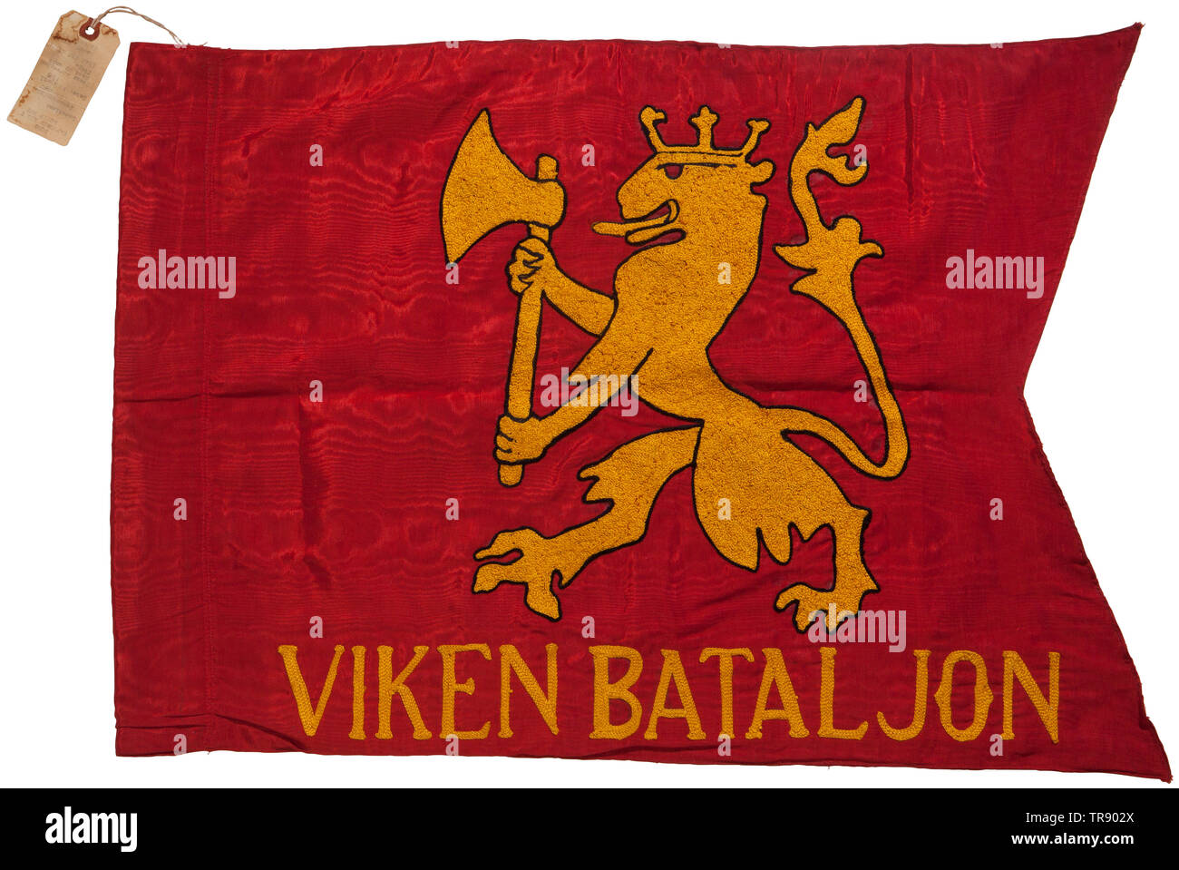 A Waffen-SS flag 'Viken Bataljon' Very rare double-sided flag used by Norwegian volunteers. Made of heavy red material, stitched rampant lion with axe and 'Viken Bataljon' lettering. Dimensions 72 x 50 cm with pole sleeve. Attached to the corner is a 5 x 4 cm US Army tag, labelled (tr.): 'OQMG captured enemy equipment, location: Possenhofen, Germany, date: 13 April 1945, item Norwegian Nazi SS unit flag. (ref CIC SHAEF)'. Very rare. USA-lot, see page 5. historic, historical, 20th century, 1930s, 1940s, Waffen-SS, armed division of the SS, armed service, armed services, NS, , Editorial-Use-Only Stock Photo