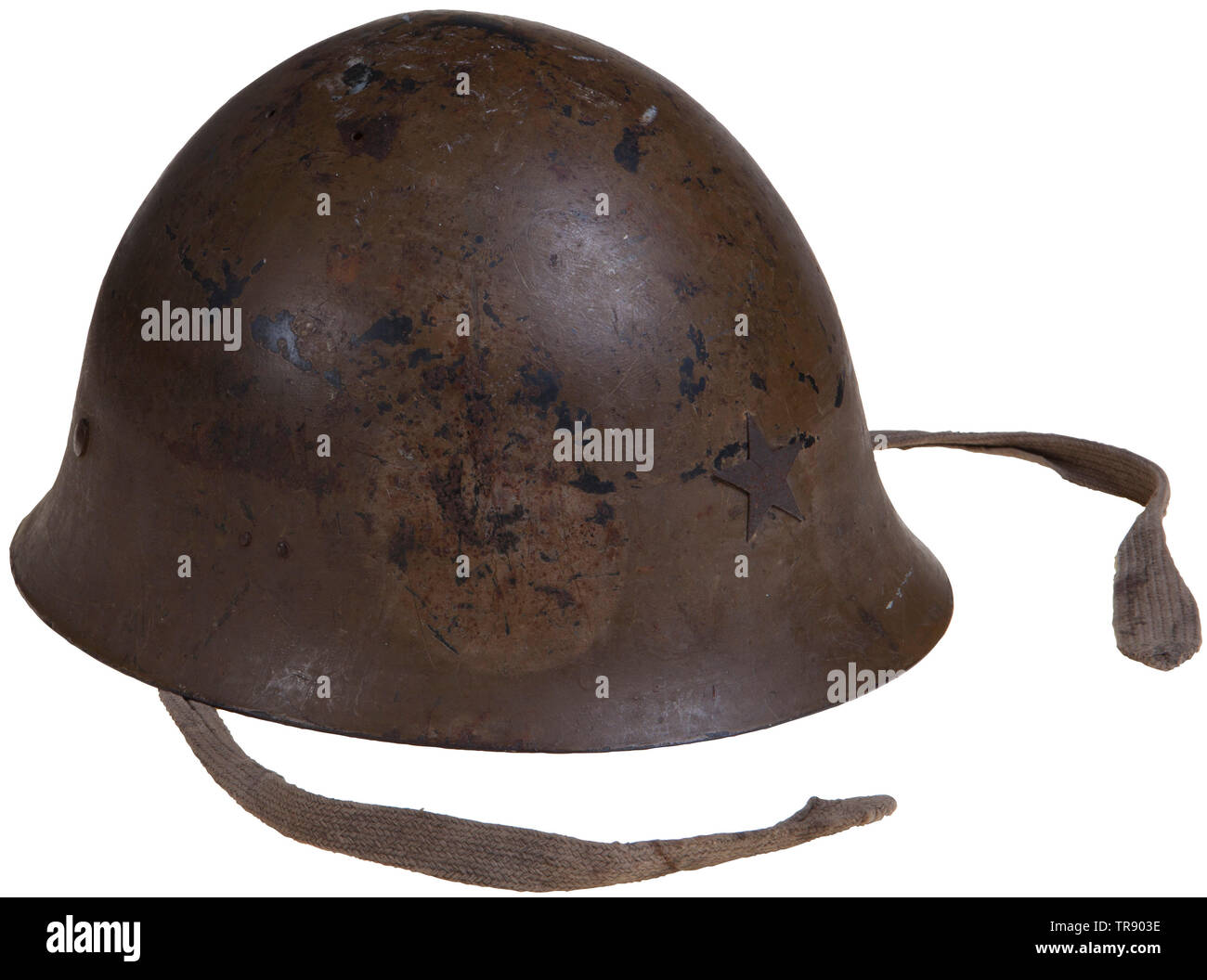 A Japanese WWII army combat helmet Standard issue example retaining 80% of khaki colour paint. Complete with metal star, web chin strap, and fine leather liner. U.S. veteran's name and Japanese soldier's name noted inside. USA-lot, see page 4. historic, historical, Japanese, Asian, Asia, Far East, object, objects, stills, clipping, clippings, cut out, cut-out, cut-outs, 20th century, Editorial-Use-Only Stock Photo