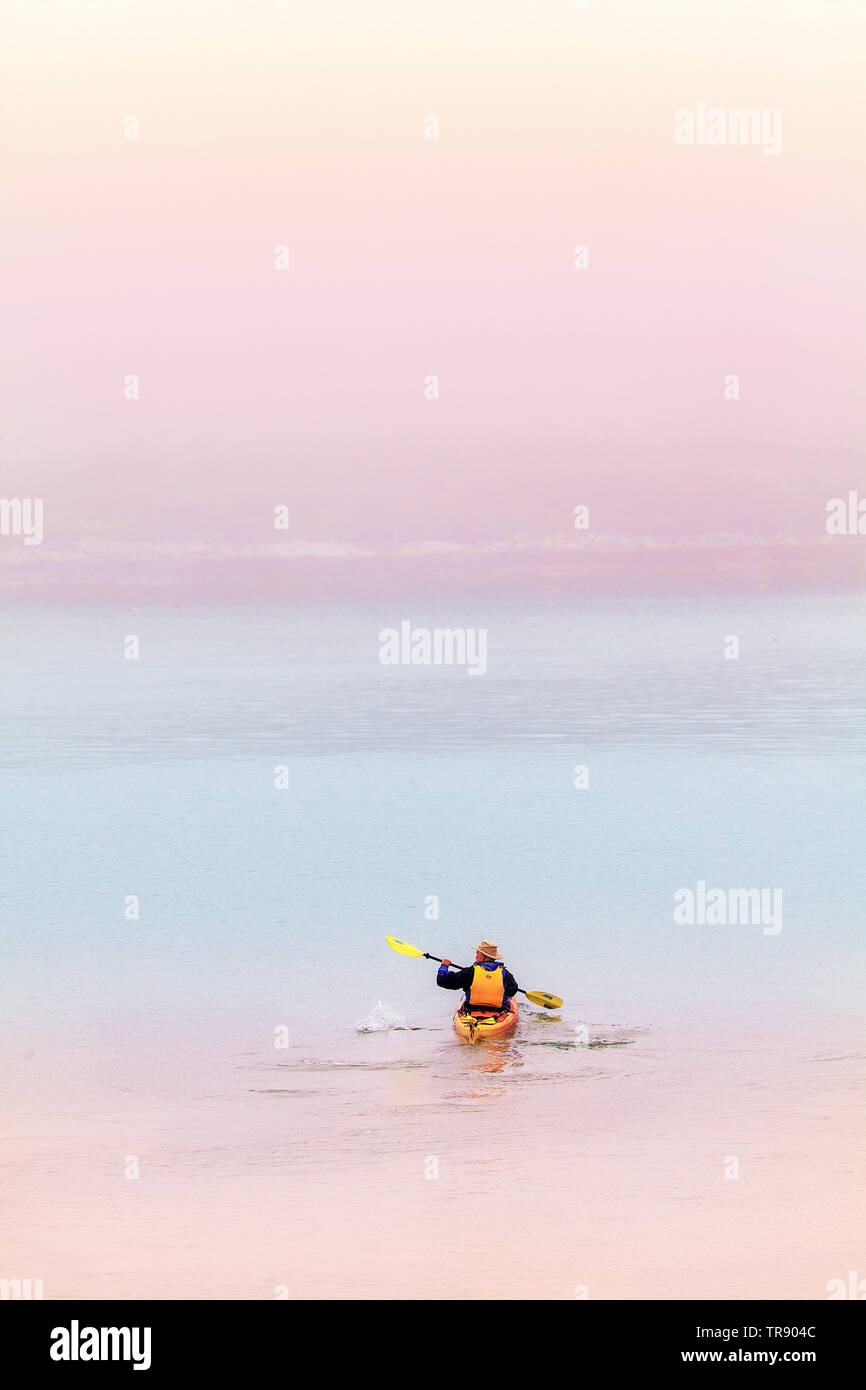 A lone man wearing his flotation vest paddles his ocean kayak in early morning with pink sky in Bremen, Maine, USA Stock Photo