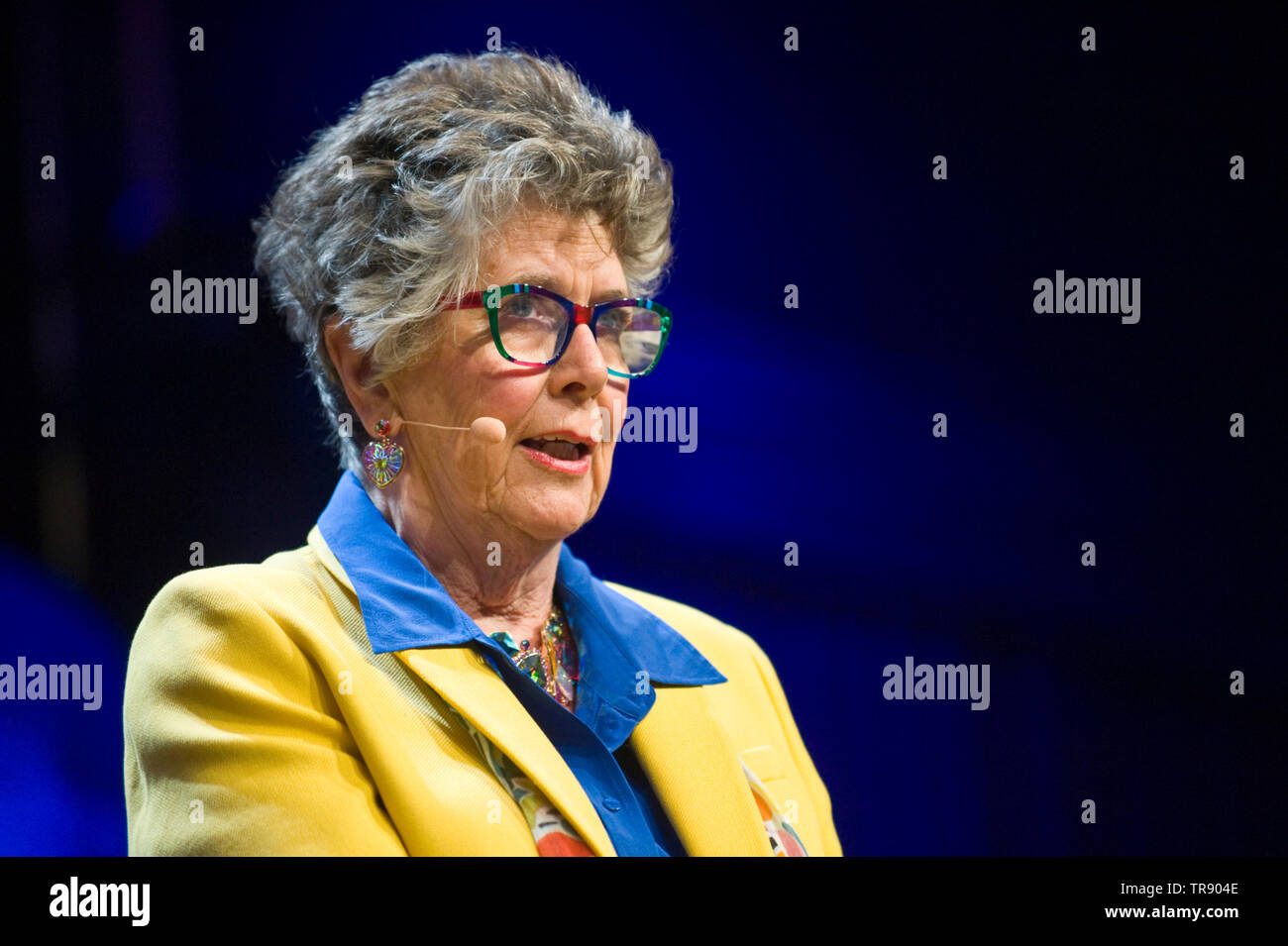 Prue Leith South African born restaurateur chef caterer television presenter businesswoman journalist cookery writer novelist speaking about her life and work on stage at Hay Festival Hay on Wye Powys Wales UK Stock Photo
