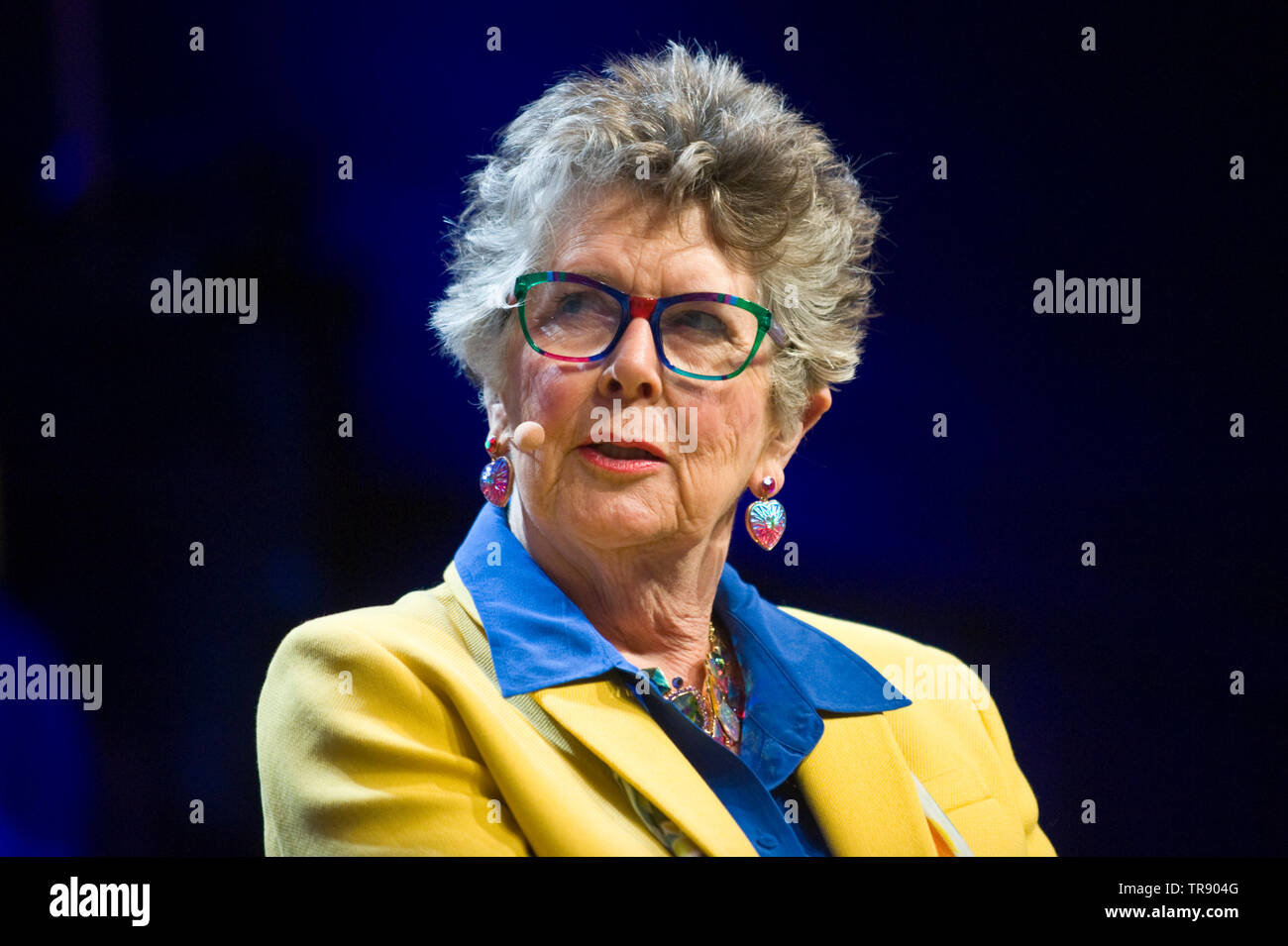 Prue Leith South African born restaurateur chef caterer television presenter businesswoman journalist cookery writer novelist speaking about her life and work on stage at Hay Festival Hay on Wye Powys Wales UK Stock Photo