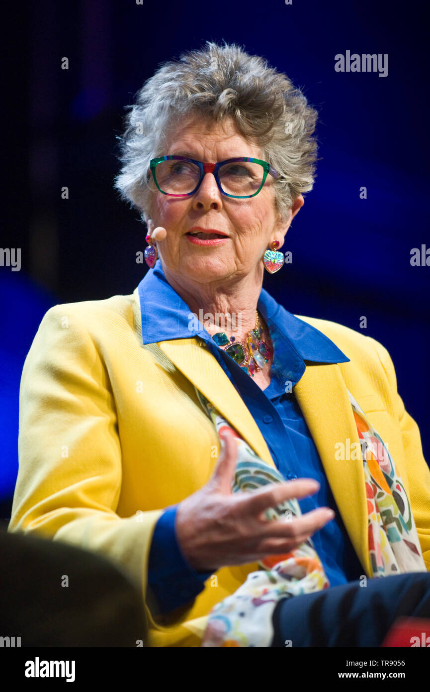 Prue Leith South African born restaurateur chef caterer television presenter businesswoman journalist cookery writer novelist speaking about her life and work on stage at Hay Festival Hay on Wye Powys Wales UK Stock Photo