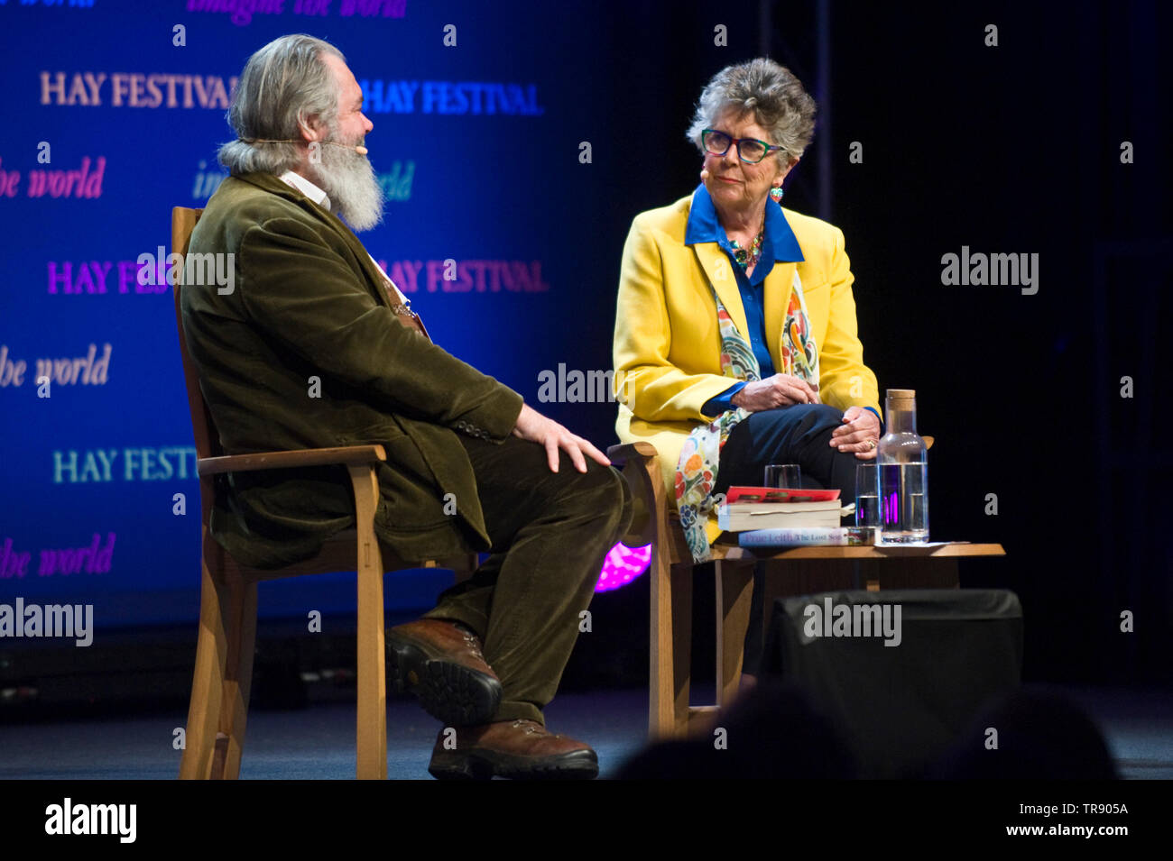 Prue Leith South African born restaurateur chef caterer television presenter businesswoman journalist cookery writer novelist speaking about her life and work on stage at Hay Festival Hay on Wye Powys Wales UK interviewed by John Mitchinson Stock Photo