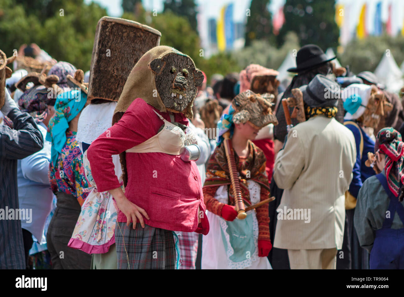 Lisbon, Portugal: 18 May 2019: Masked men at Iberian Mask Festival Parade in Lisbon Stock Photo