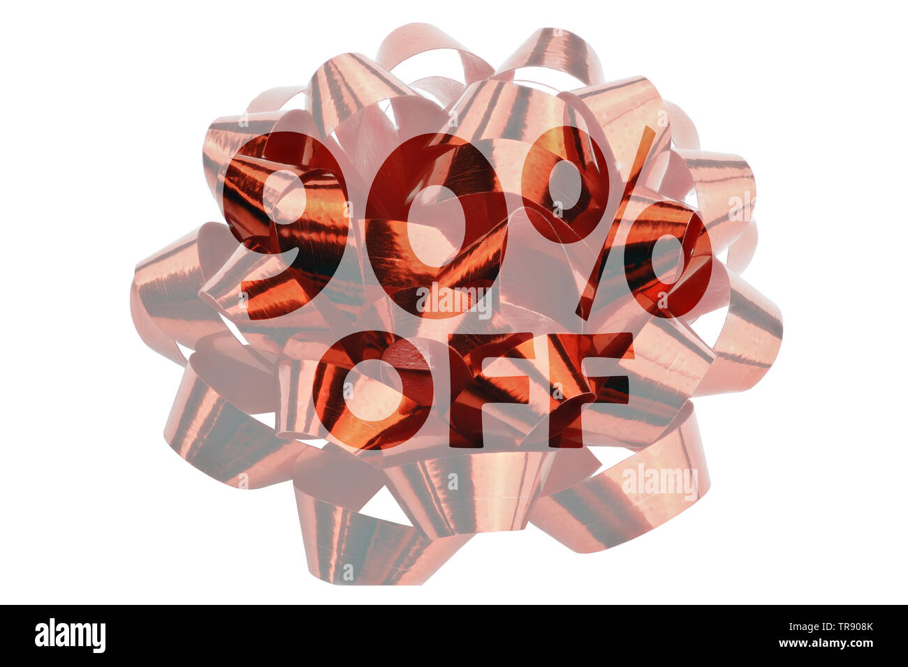 Symbolically highlighted text 90% off against the background of a red gift loop Stock Photo