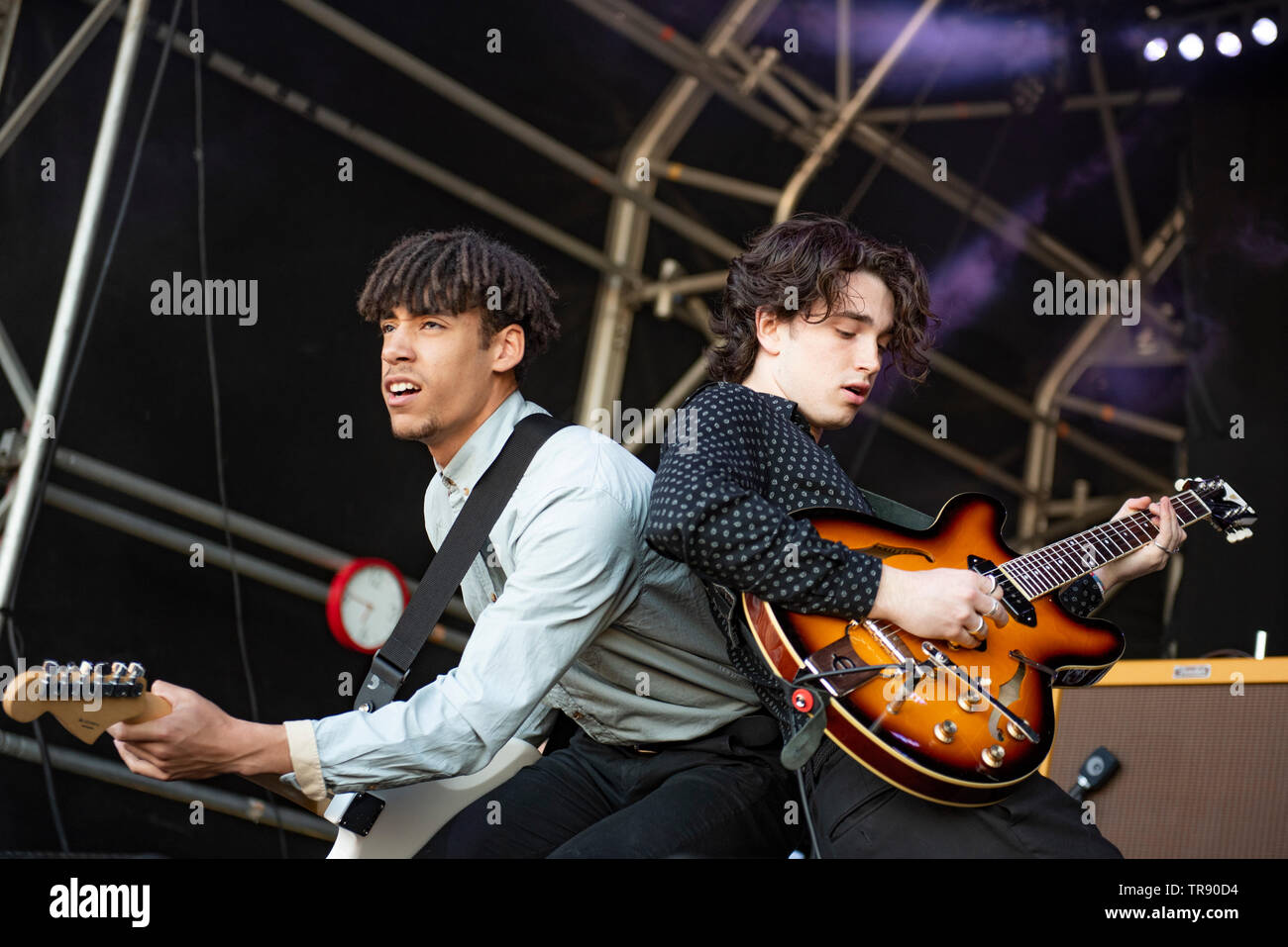 Warrington, UK. 26th May 2019. Bono's son Elijah Hewson performs with his band  Inhaler at the Neighbourhood Weekender in Victoria Park, Warrington  26/05/2019 Stock Photo - Alamy