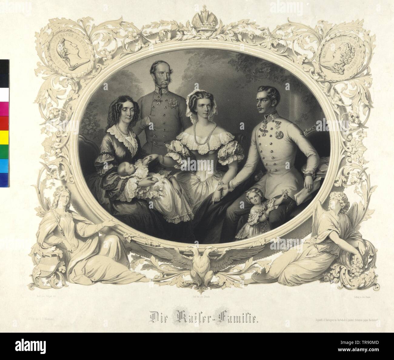 The imperial family, group picture: Franz Joseph I, Emperor of Austria together with his wife Elisabeth, the daughters Sophie and Gisela, and his parents Franz Karl, Archduke of Austria and Sophie, born princess of Bavaria. tinted lithograph by Joseph Anton Bauer based on a draft by Karl Joseph Geiger, Additional-Rights-Clearance-Info-Not-Available Stock Photo