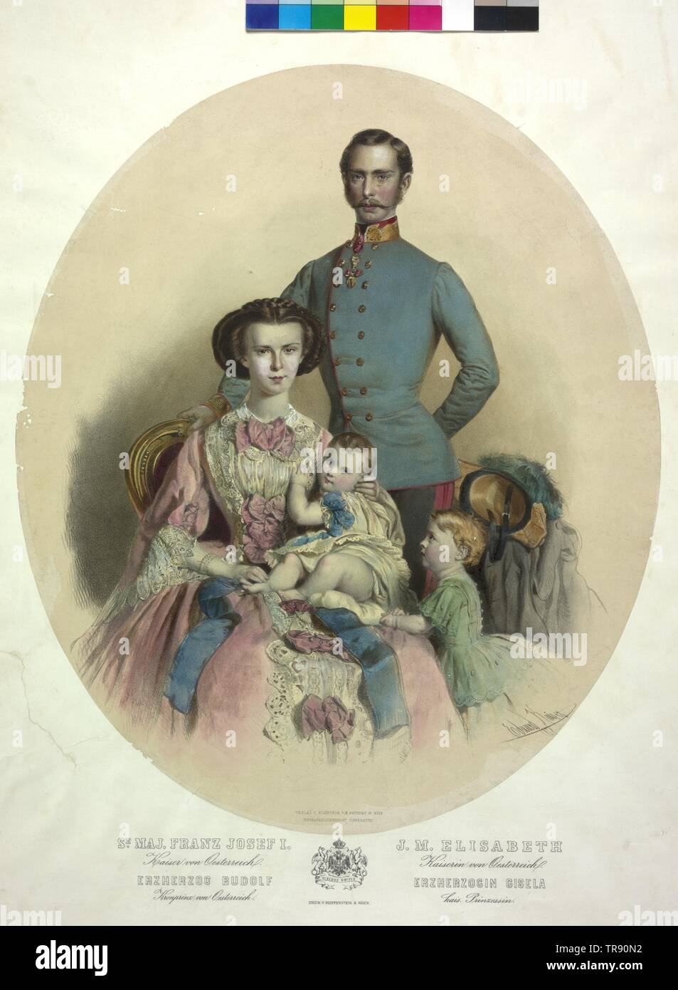 Franz Joseph I, Emperor of Austria, group picture: Franz Joseph I, Emperor of Austria together with his wife Elisabeth, and the children crown prince Rudolf and archduchess Gisela. coloured lithograph by Eduard Kaiser. coat of arms, Additional-Rights-Clearance-Info-Not-Available Stock Photo