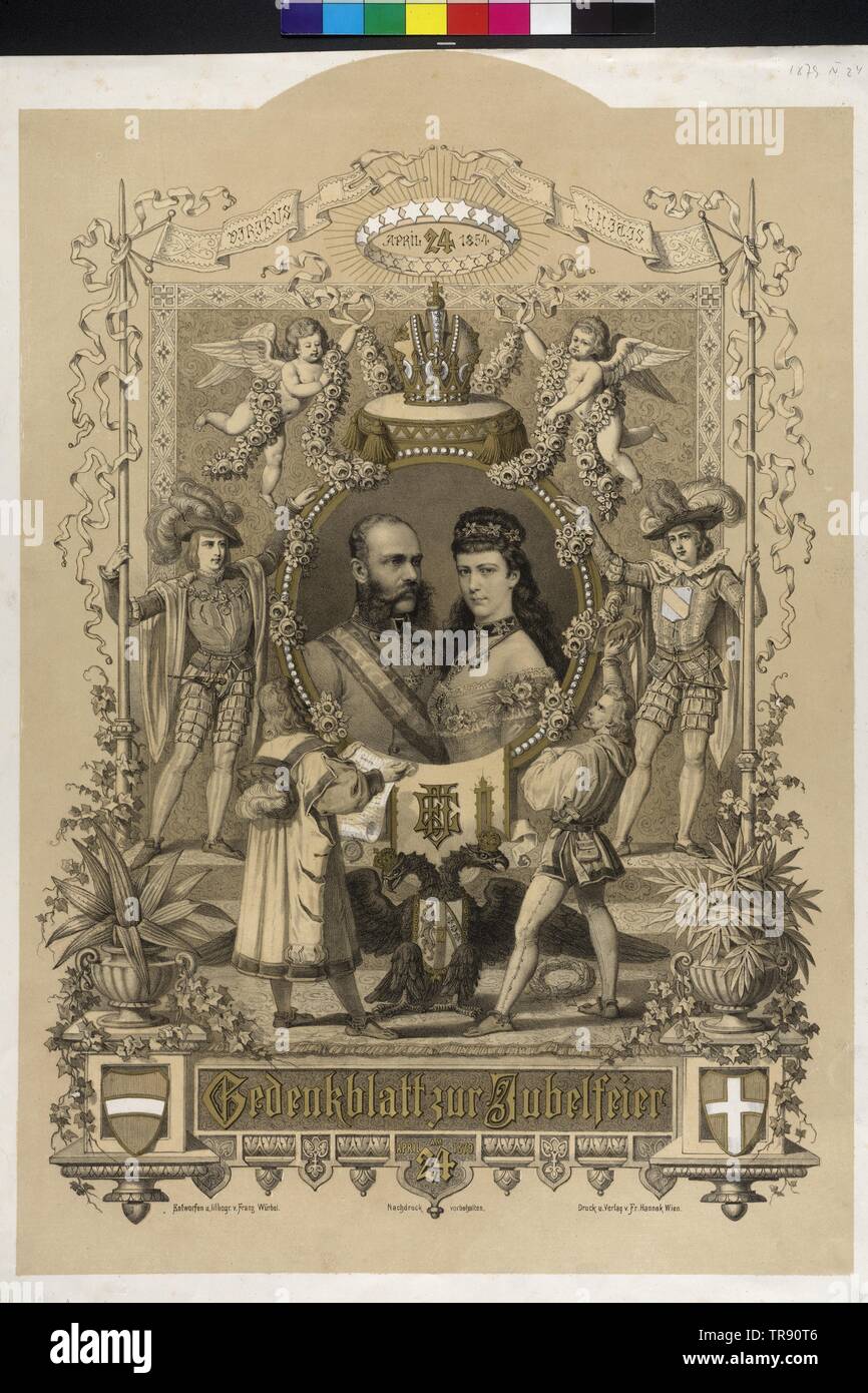 commemorative paper to the silver wedding of the Imperial couple 1879, richly ornamented sheet with portrait of the Imperial couple, Emperor Franz Joseph I and empress Elisabeth of Austria, heralds holding the portrait, two men in Renaissance costumes from the by Makart scrape together pageant doing hommage the couple, lithograph by Franz Wuerbel, Additional-Rights-Clearance-Info-Not-Available Stock Photo