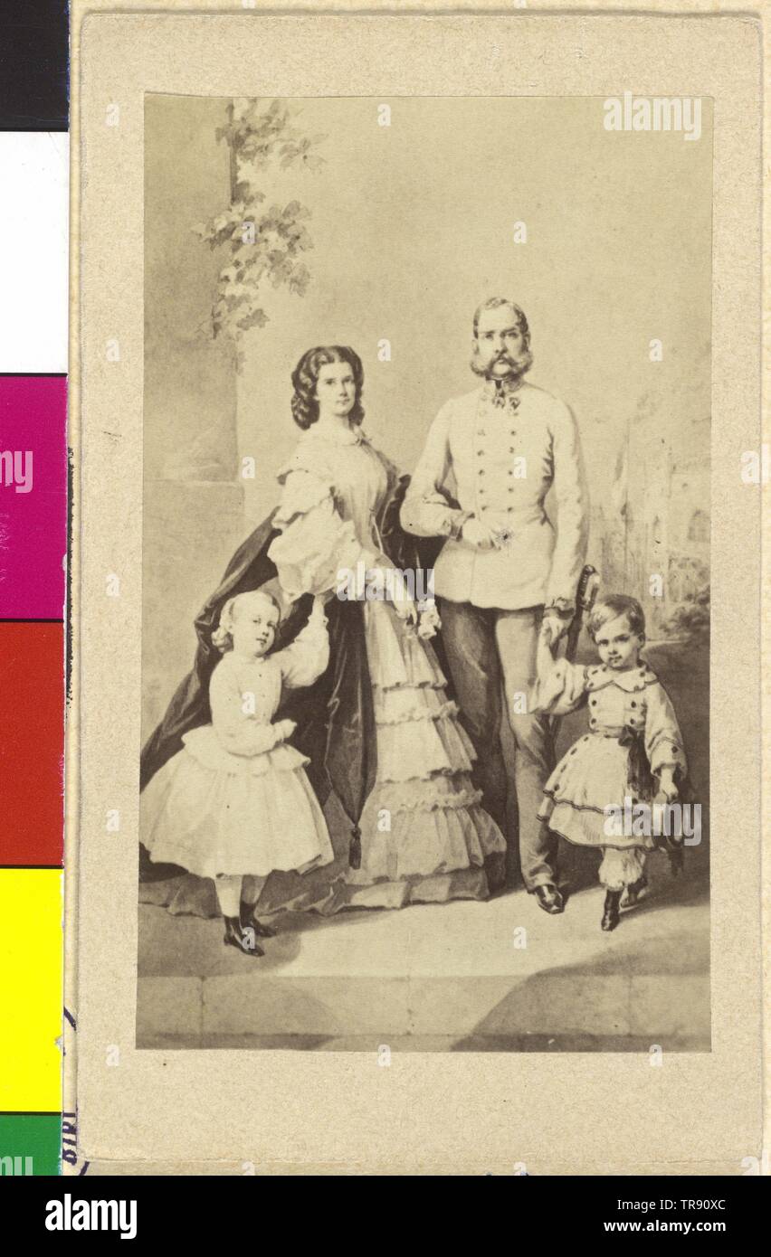 Franz Joseph I, Emperor of Austria, picture together with Elisabeth, Empress of Austrian next to Franz Joseph: crown prince Rudolf, besides Elisabeth: archduchess Gisela, Additional-Rights-Clearance-Info-Not-Available Stock Photo