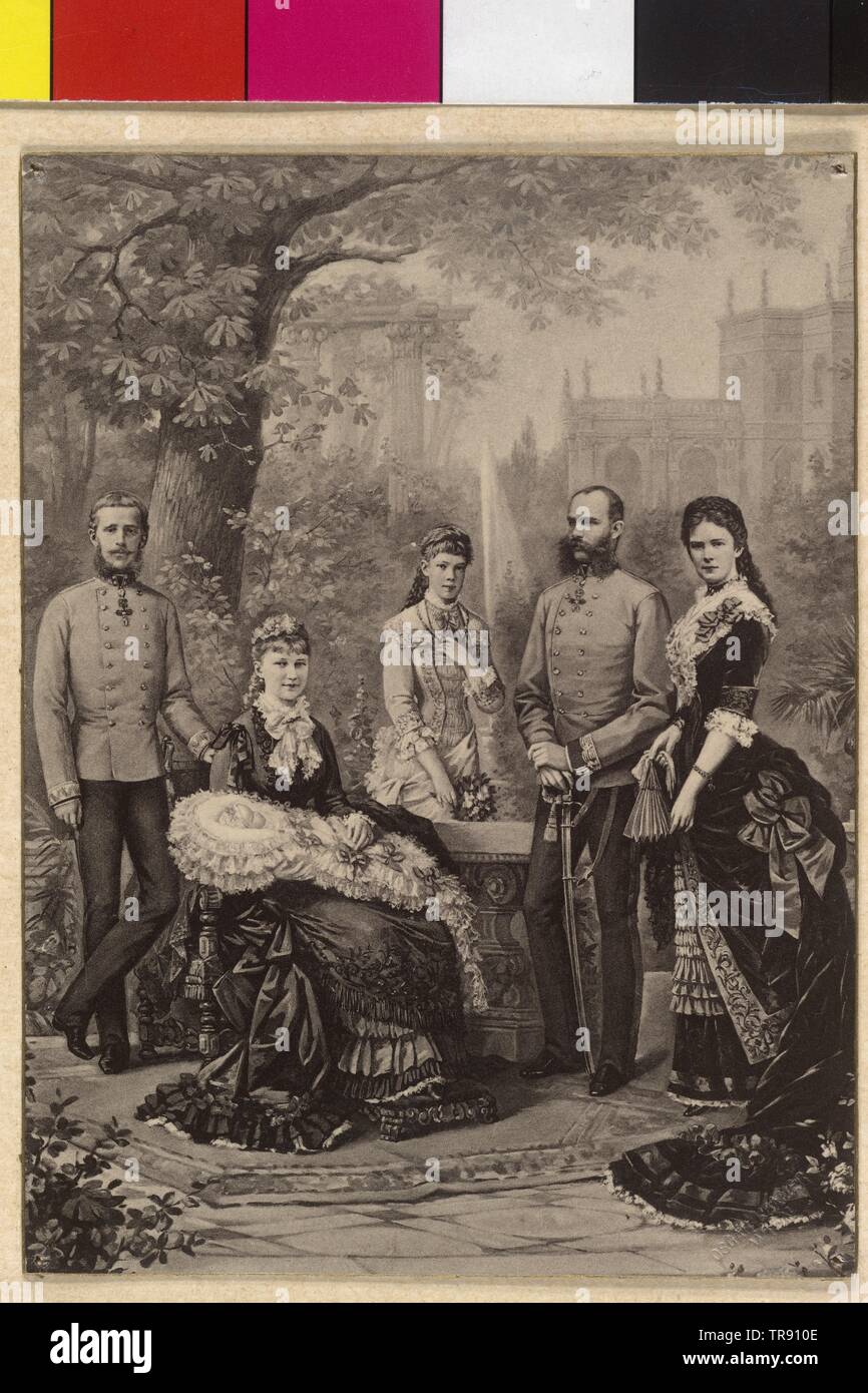 Franz Joseph I, Emperor of Austria with family, family image: Franz Joseph in crusade uniform of an Imperial and Royal field marshal in German adjustment and Elisabeth, standing archduchess Marie Valerie, crown prince Rudolf with Stephanie with Elisabeth Marie in the arms. composite photograph. blind stamp r. down, Additional-Rights-Clearance-Info-Not-Available Stock Photo