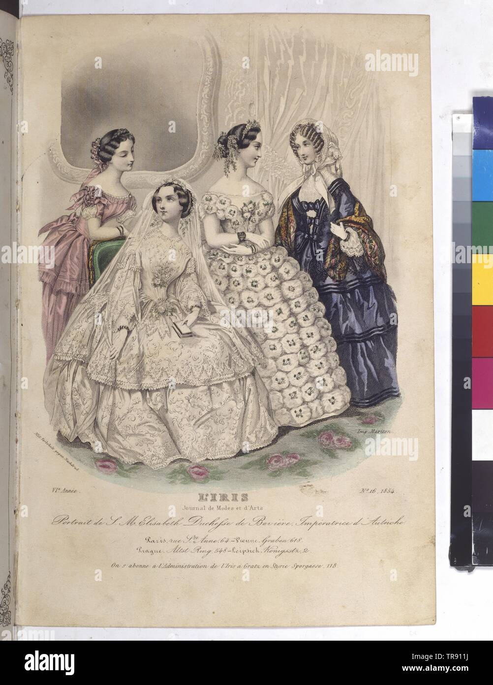 Elisabeth, Empress of Austria, empress Elisabeth in the wedding dress, together with three other women), coloured engraving in the fashion magazine 'Iris', Additional-Rights-Clearance-Info-Not-Available Stock Photo