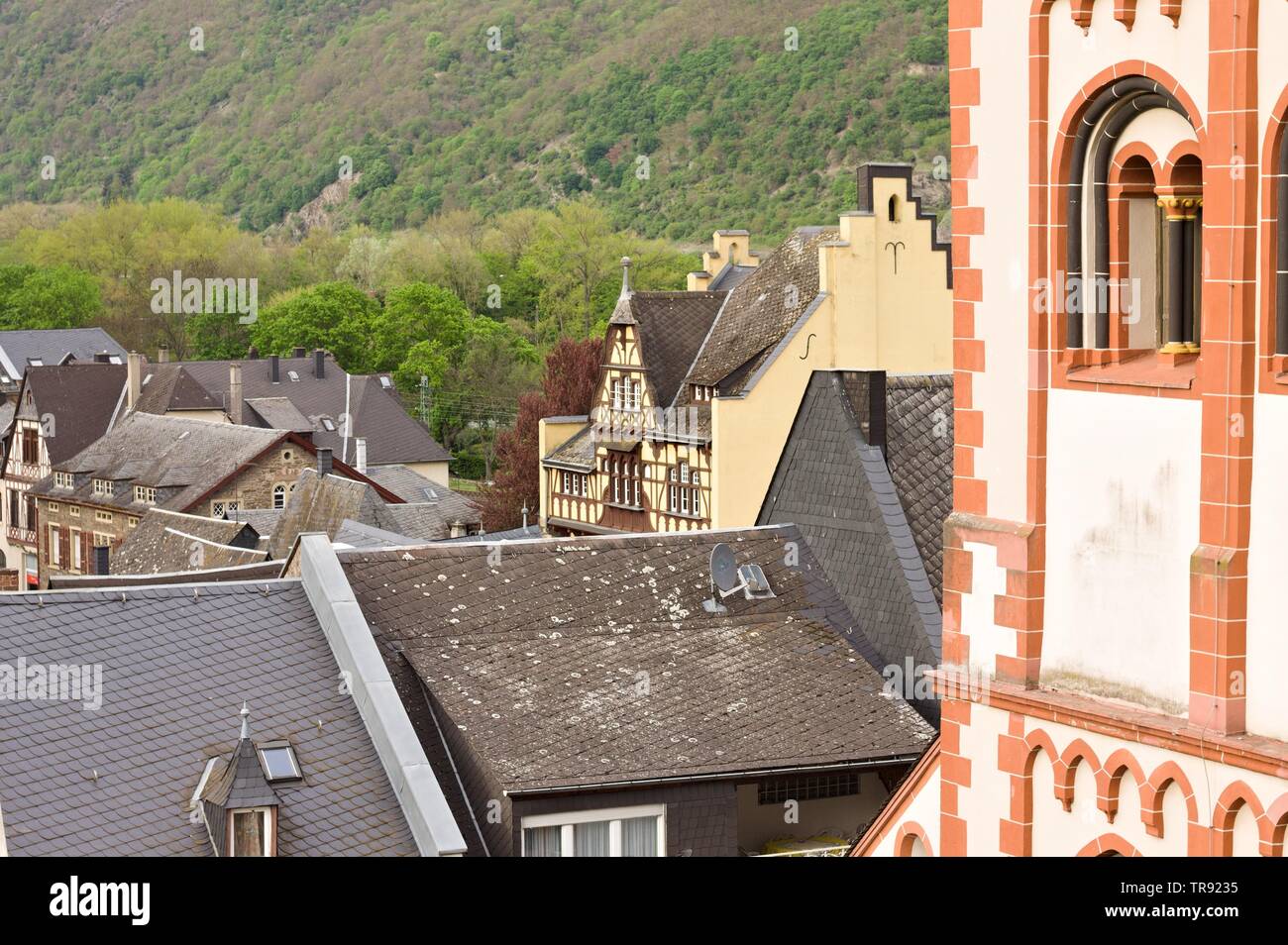 Cityscape of Bacharach with a detail of a clock tower (Germany, Europe) Stock Photo