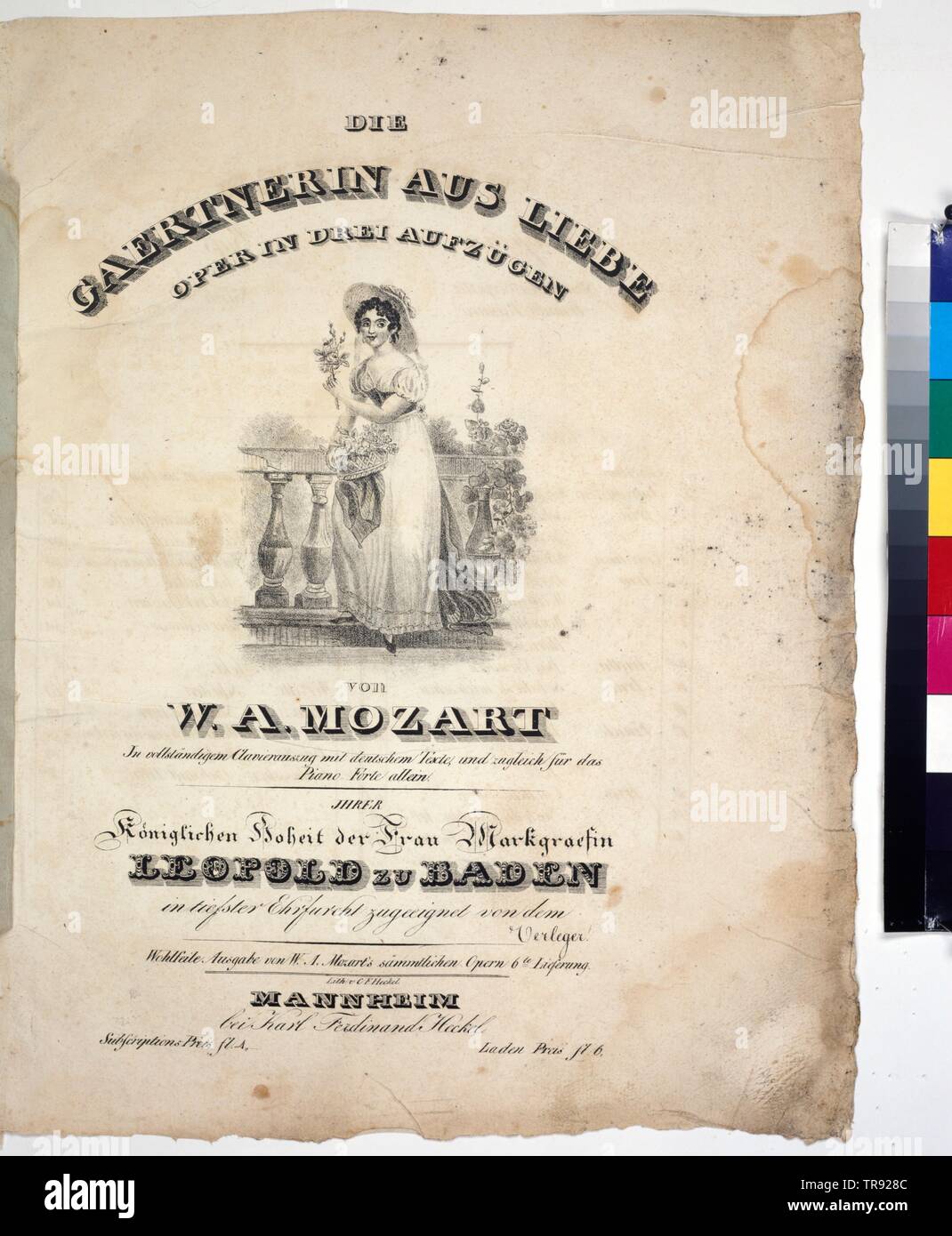 title page 'Die Gaertnerin aus Liebe' (Association of Statutory Health Insurance Physicians 196), of an opera in three elevators of Wolfgang Amadeus Mozart. Mannheim: Karl Ferdinand Heckel 1829. piano score. first print, Additional-Rights-Clearance-Info-Not-Available Stock Photo