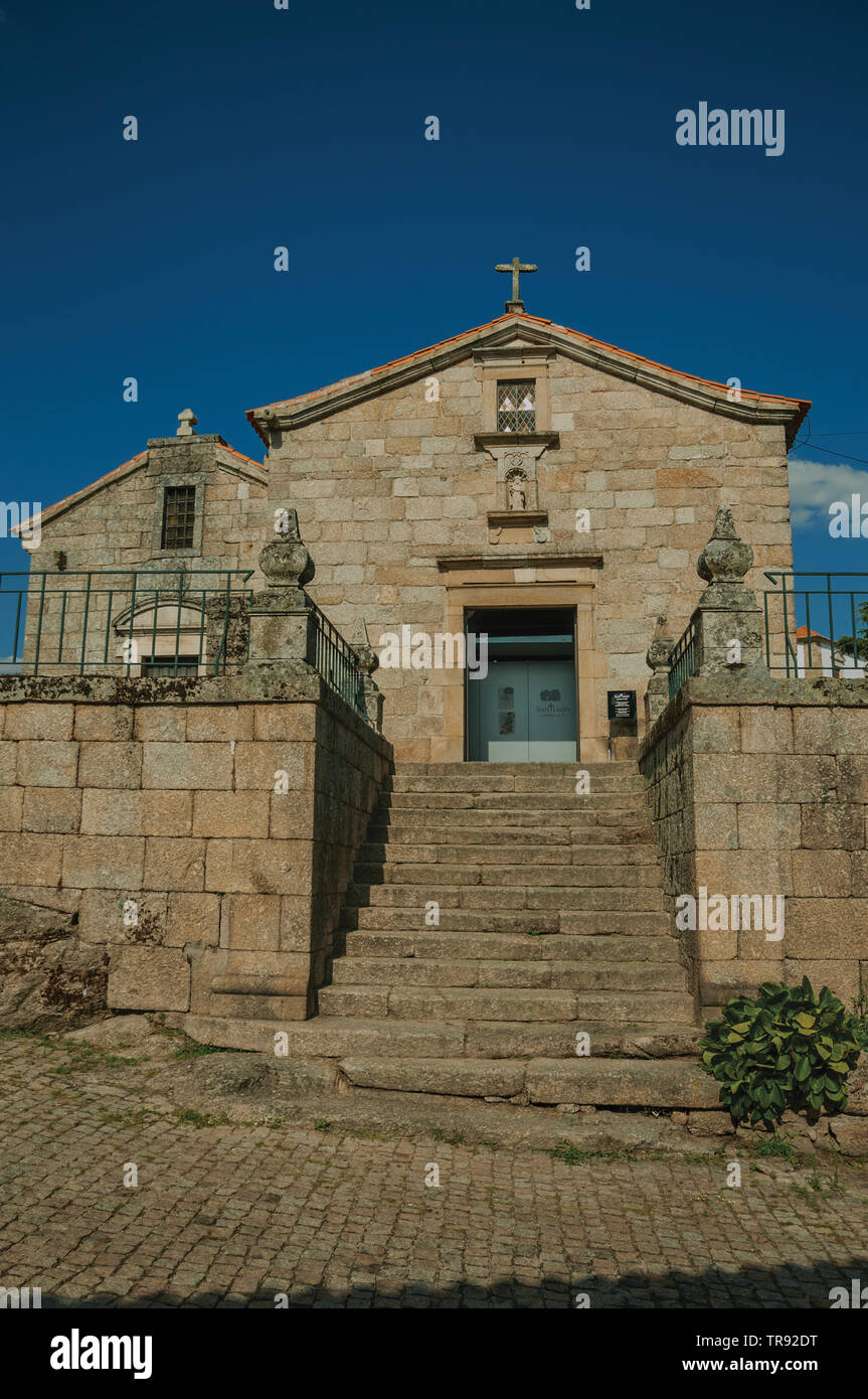 Medieval Cabrais Chapel facade in front of stone staircase at Belmonte. Birthplace of the discoverer Pedro Cabral in Portugal. Stock Photo