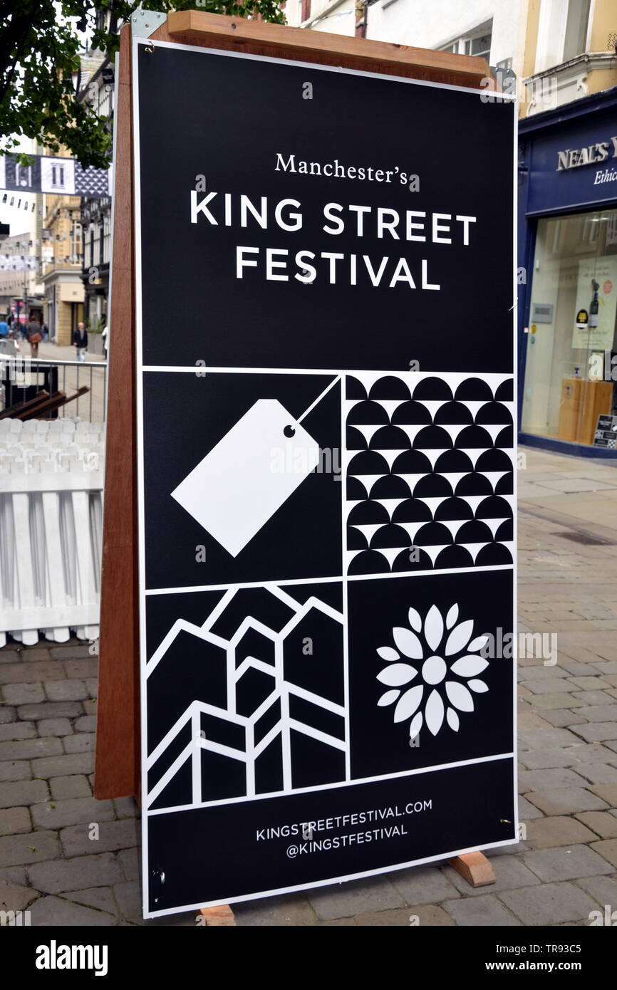 A sign announcing Manchester's King Street Festival on June 1st - 2nd, 2019 in Manchester, uk Stock Photo