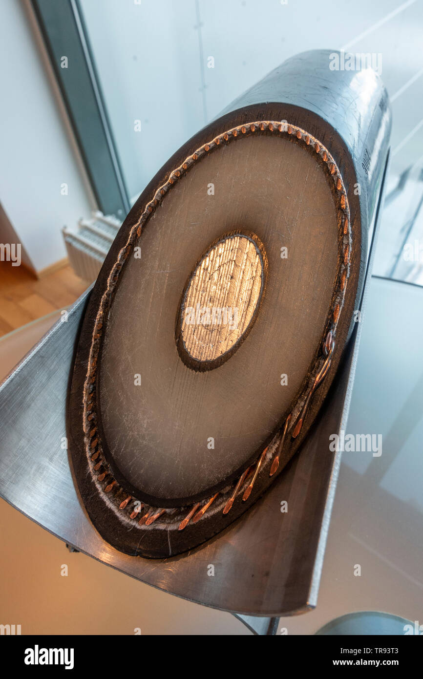 Cross section of a high-voltage power cable on display, Geothermal Energy Exhibition, Hellisheidi (Hellisheið) Geothermal Power Station, Iceland. Stock Photo