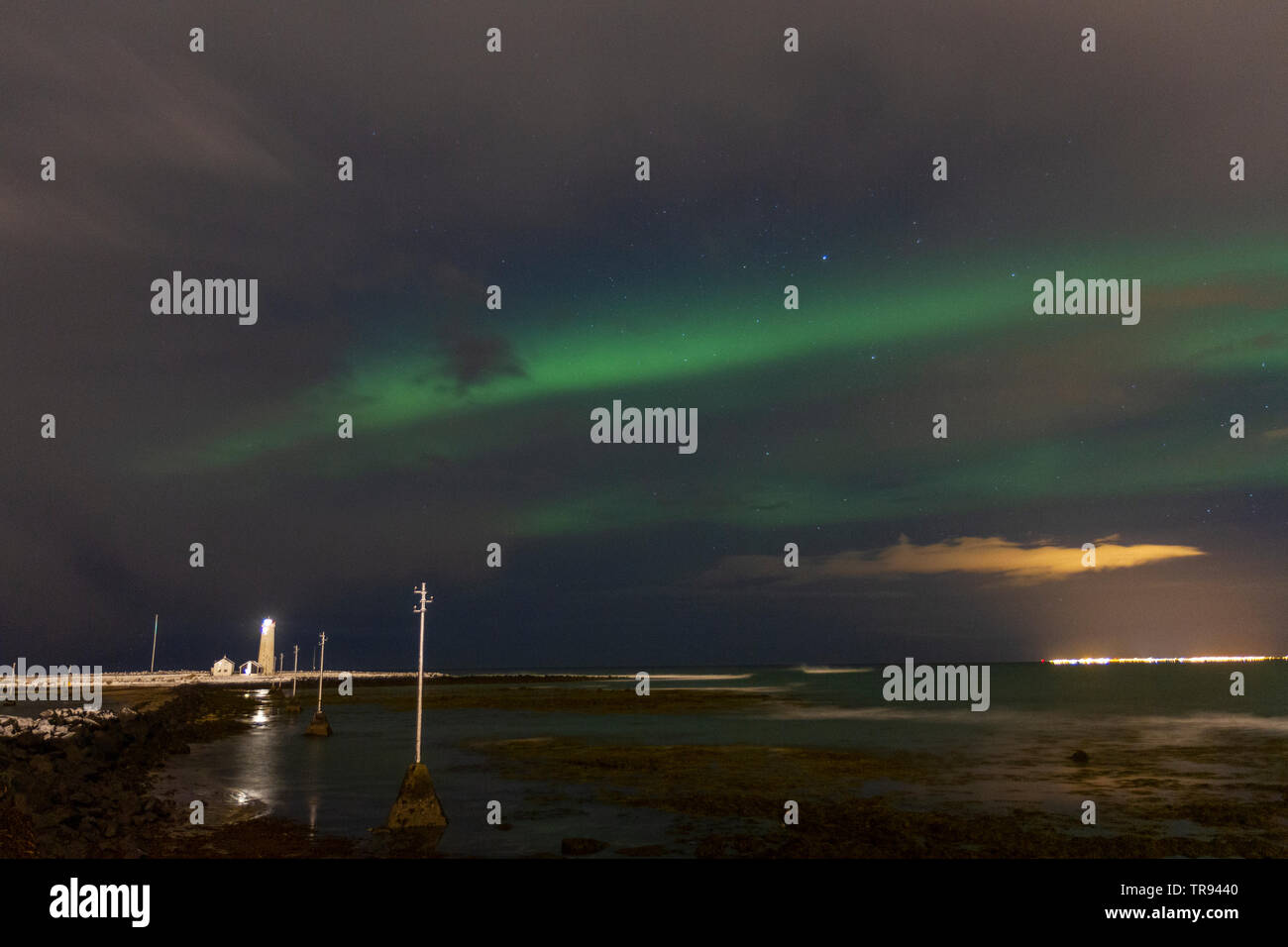 Aurora Borealis (Northern Lights) viewed with the Grótta Island