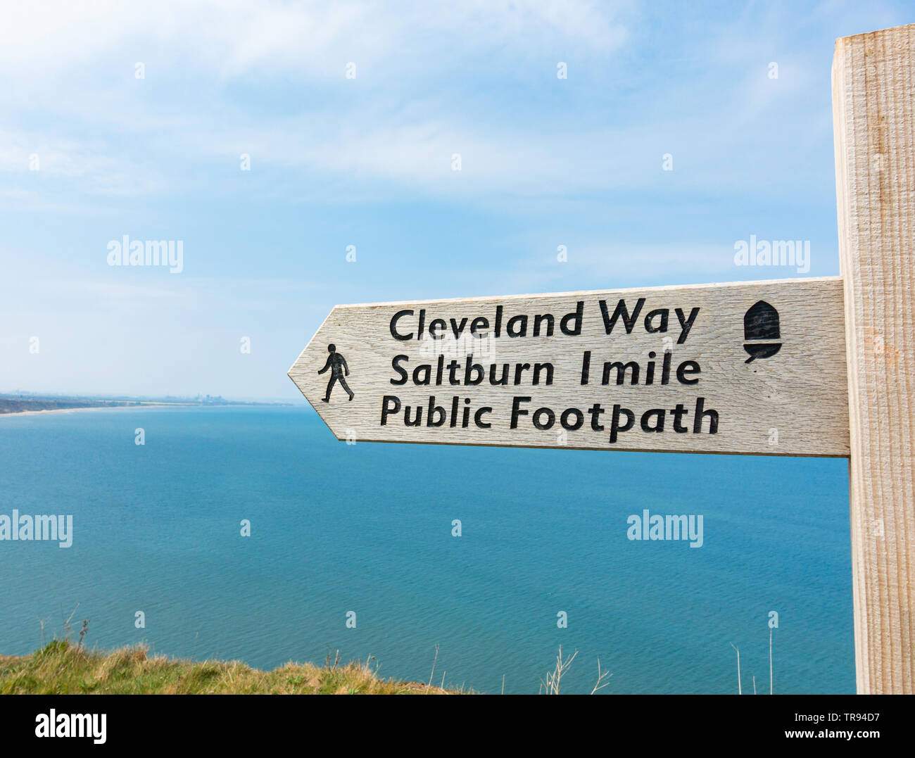 Cleveland Way National Trail coastal footpath sign near Saltburn on the North Yorkshire coast. England.UK Stock Photo